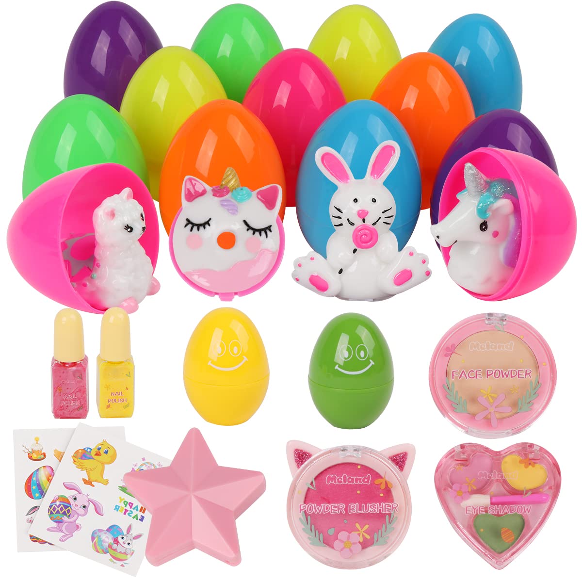 Meland 12Pcs Prefilled Easter Eggs with Girls Makeup Toys - Easter Egg Hunt Party Favors for Kids, Easter Basket Stuffers & Birthday Gifts (Perfect for Easter Celebrations, Birthday Parties & Playtime)