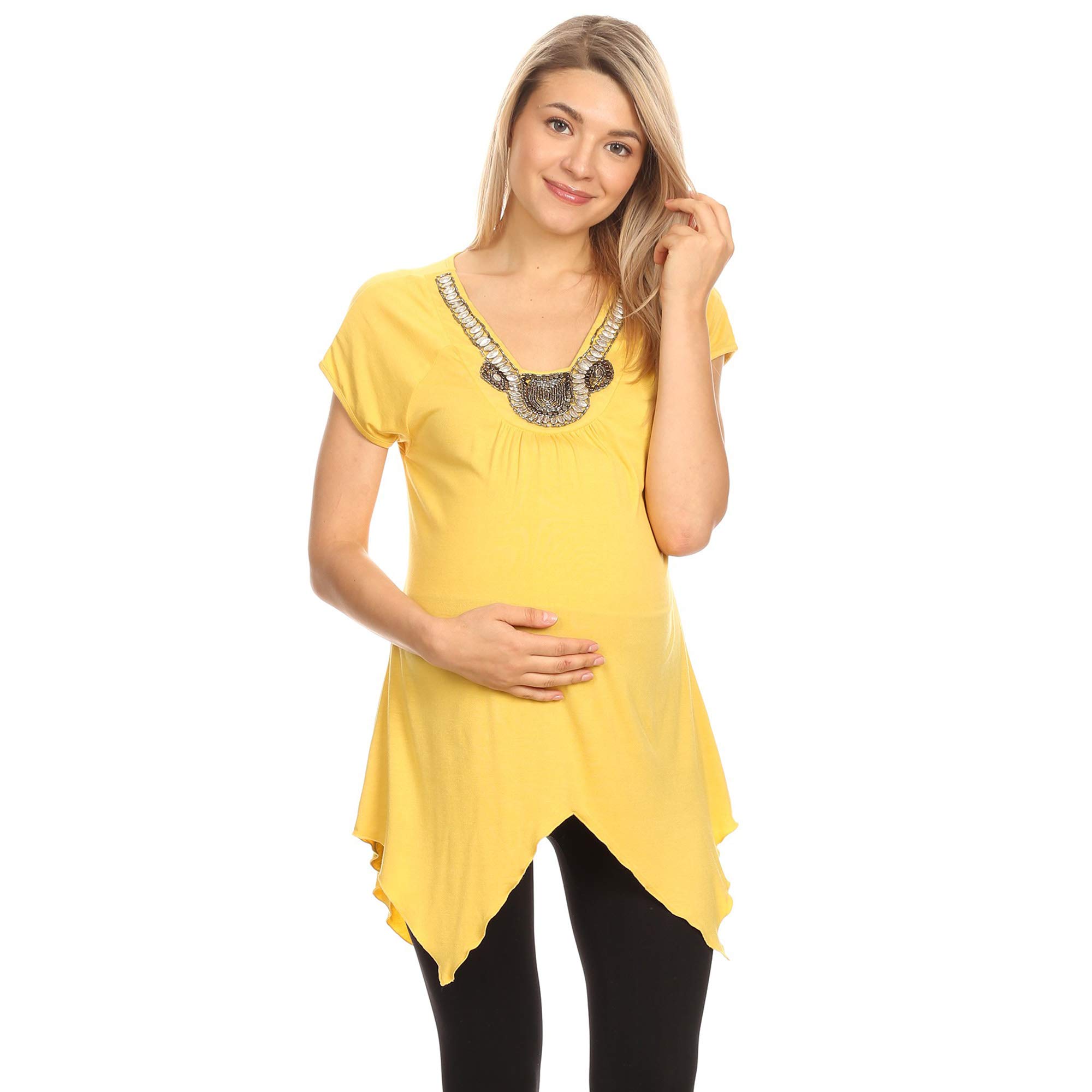 White Mark Women's Maternity Short Sleeve Embellished Tunic Top - Stylish Pregnancy Blouse for Casual Wear & Special Occasions