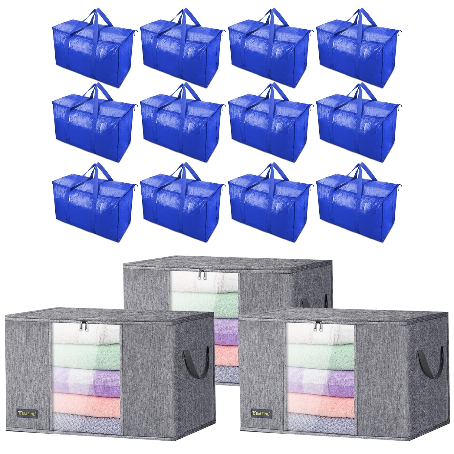 12 Pack Extra Large Moving Bags with 3-Pack Closet Storage Bags - Heavy Duty Reusable Storage Bags for Moving, Travel, Home Organization & Closet Storage