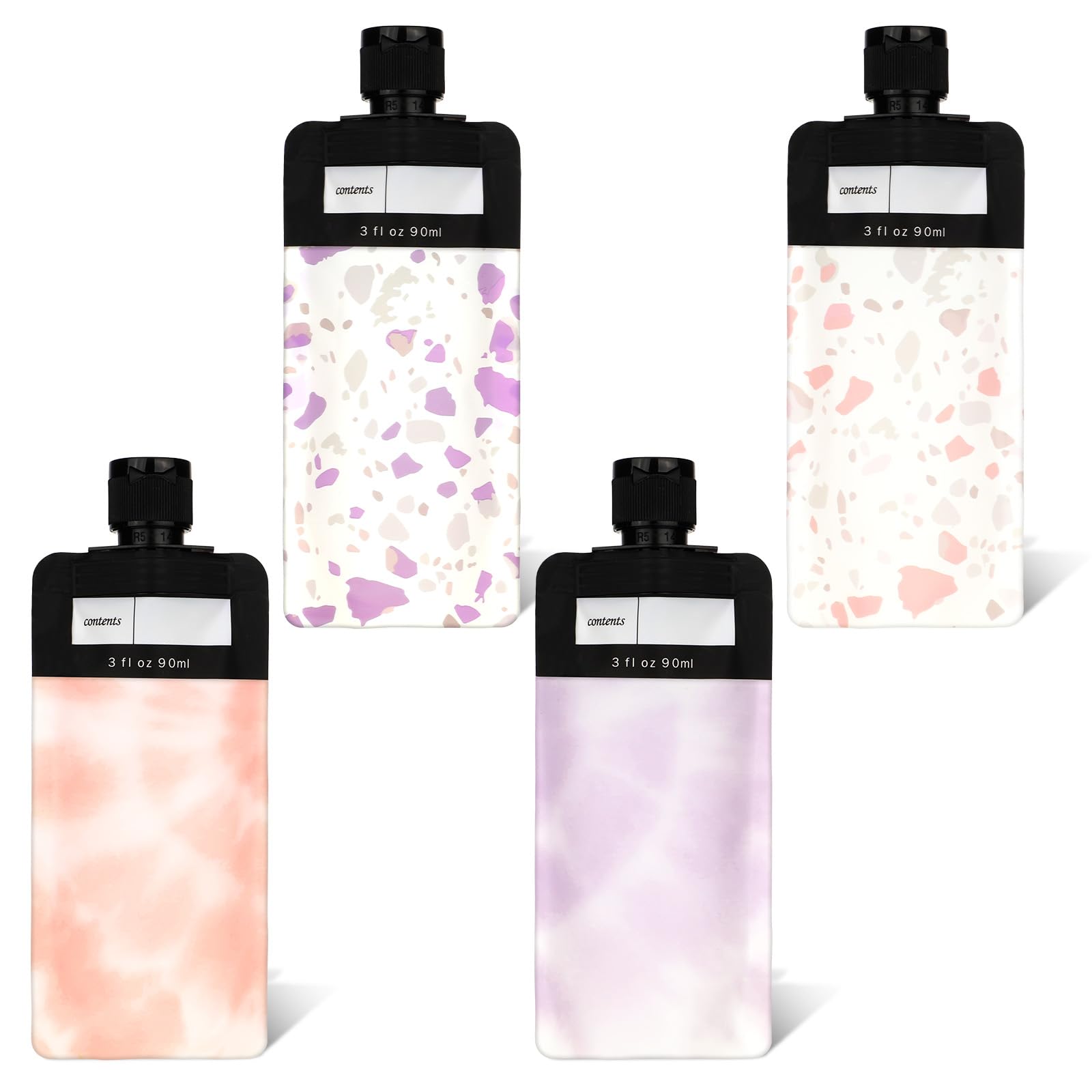 **4 Pack 3oz Leak-Proof Travel Toiletry Pouches - Refillable Squeeze Containers for Shampoo, Lotion & Face Cream | Portable Makeup & Cosmetic Storage for Airplane, Gym & Vacation**