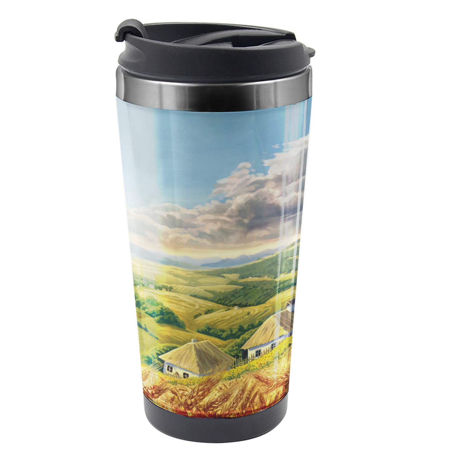 Ambesonne 16 oz Stainless Steel Travel Mug with Summer Rural Houses Design - Green White Blue Thermal Cup for Hot & Cold Drinks - Perfect for Camping, Hiking, and Outdoor Adventures