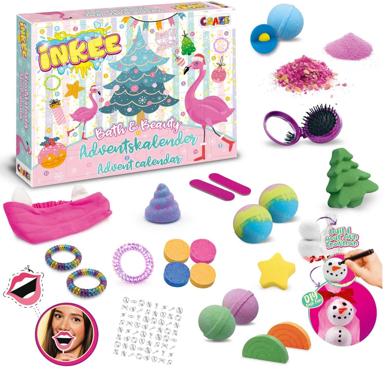INKEE Advent Calendar with Toys for Kids - Christmas Countdown with Bath Bombs & Hair Accessories - Perfect Gift for Boys & Girls - Fun Holiday Surprises for December