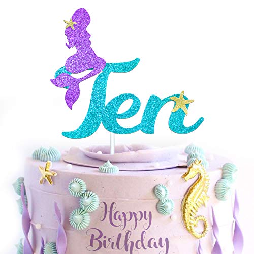 10th Mermaid Happy Birthday Cake Topper - Blue & Gold Glitter Under The Sea Theme Party Decor for Baby Showers, Weddings & 10 Year Old Celebrations - Perfect for Photo Backdrops & Dessert Table Displays