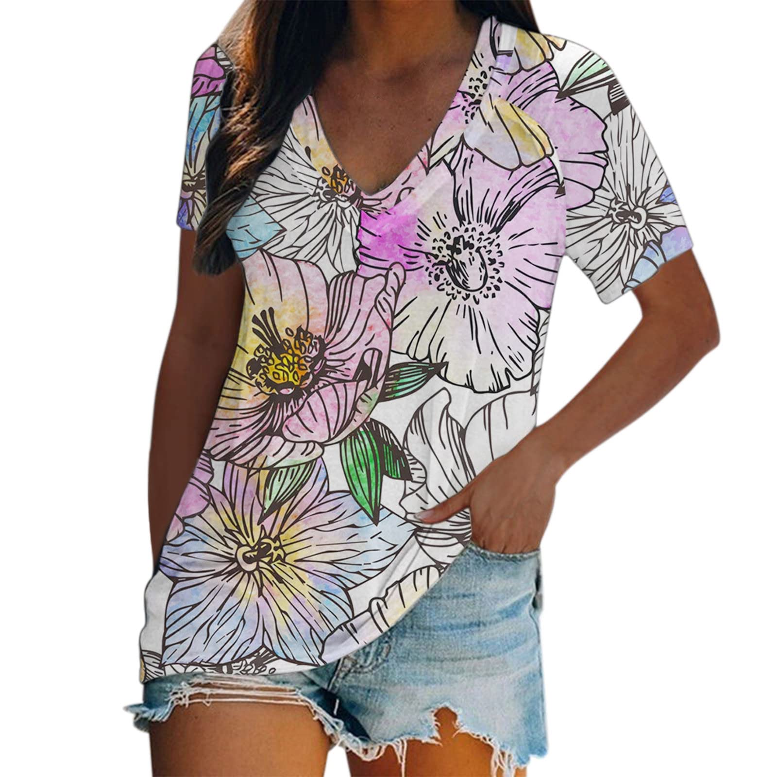 FMCHICO Women's Summer Floral Print V-Neck Short Sleeve T-Shirt - Cute Casual Blouse for Beach, Vacation & Everyday Wear