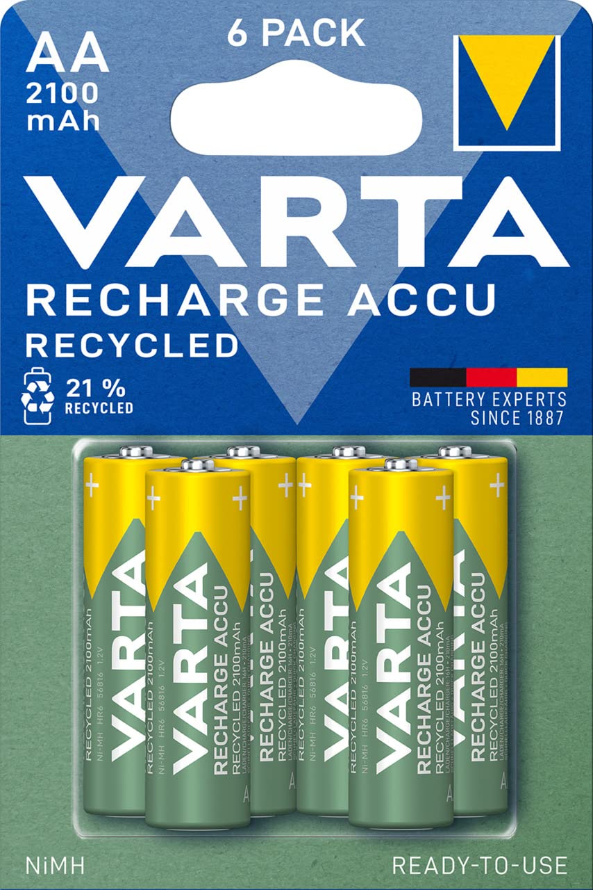 VARTA Rechargeable AA Batteries 2100mAh Ni-MH - 6 Pack with 21% Recycled Materials | Pre-Charged & Ready to Use | Perfect for Cameras, Toys, Flashlights & Electronics
