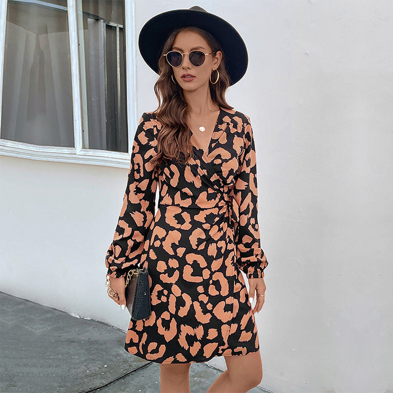 LOVEVOP Women's Leopard Print V-Neck Long Sleeve Wrap Dress - Elegant Casual Maxi Dress for Fall & Winter, Perfect for Office, Date Night and Holiday Parties