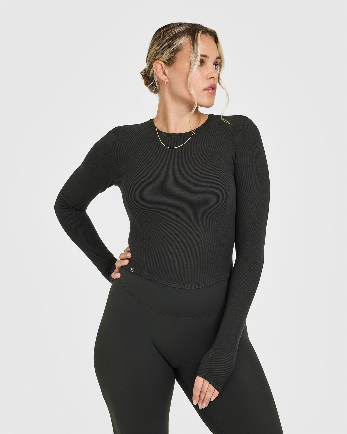Mellow™ Rib Mid Long Sleeve Top for Women - Soft Black Stretch Knit Shirt | Perfect for Casual Wear, Layering & Office Outfits