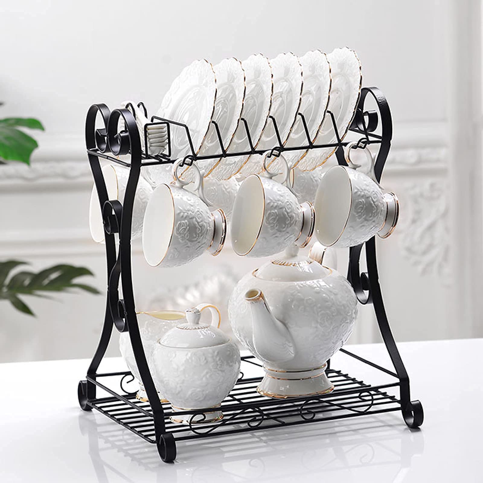 Premium Chinese Porcelain Tea Set - Elegant Ceramic Tea & Coffee Cups with Teapot, Saucers, Sugar Bowl & Milk Jug - Gold Rose Design with Metal Stand - Perfect for Afternoon Tea, Gifts & Home Decor
