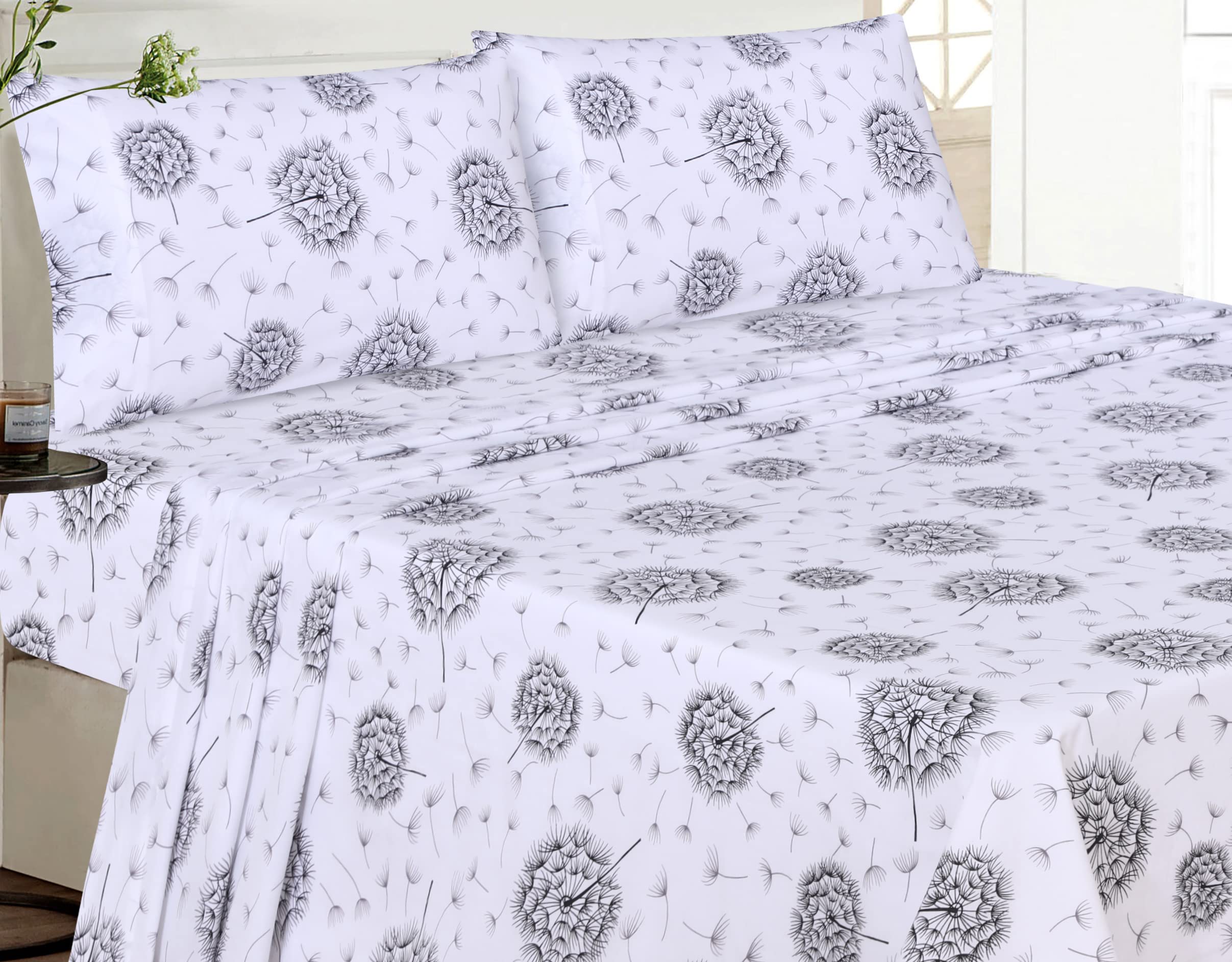 Ruvanti 100% Cotton Queen Sheet Set - Soft, Breathable & Cooling Bed Sheets with Deep Pockets - Moisture Wicking Black Floral Design - 4 Piece Set for Comfortable Sleep in All Seasons - Perfect for Home, Hotel, and Guest Room Use