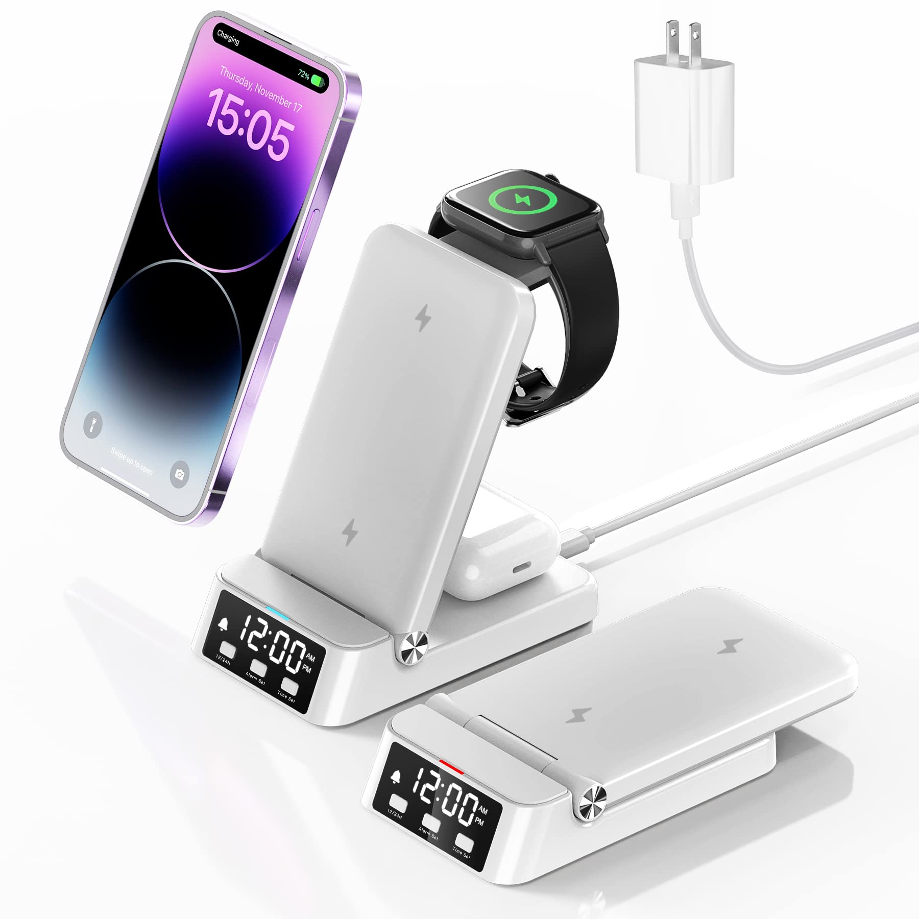 Quycat 3-in-1 Wireless Charging Station - Fast Wireless Charger Stand for iPhone 14/13/12/11 Pro Max, Samsung Galaxy S23/S22/S21/S20, AirPods & Apple Watch - Perfect for Bedside, Office & Travel Charging