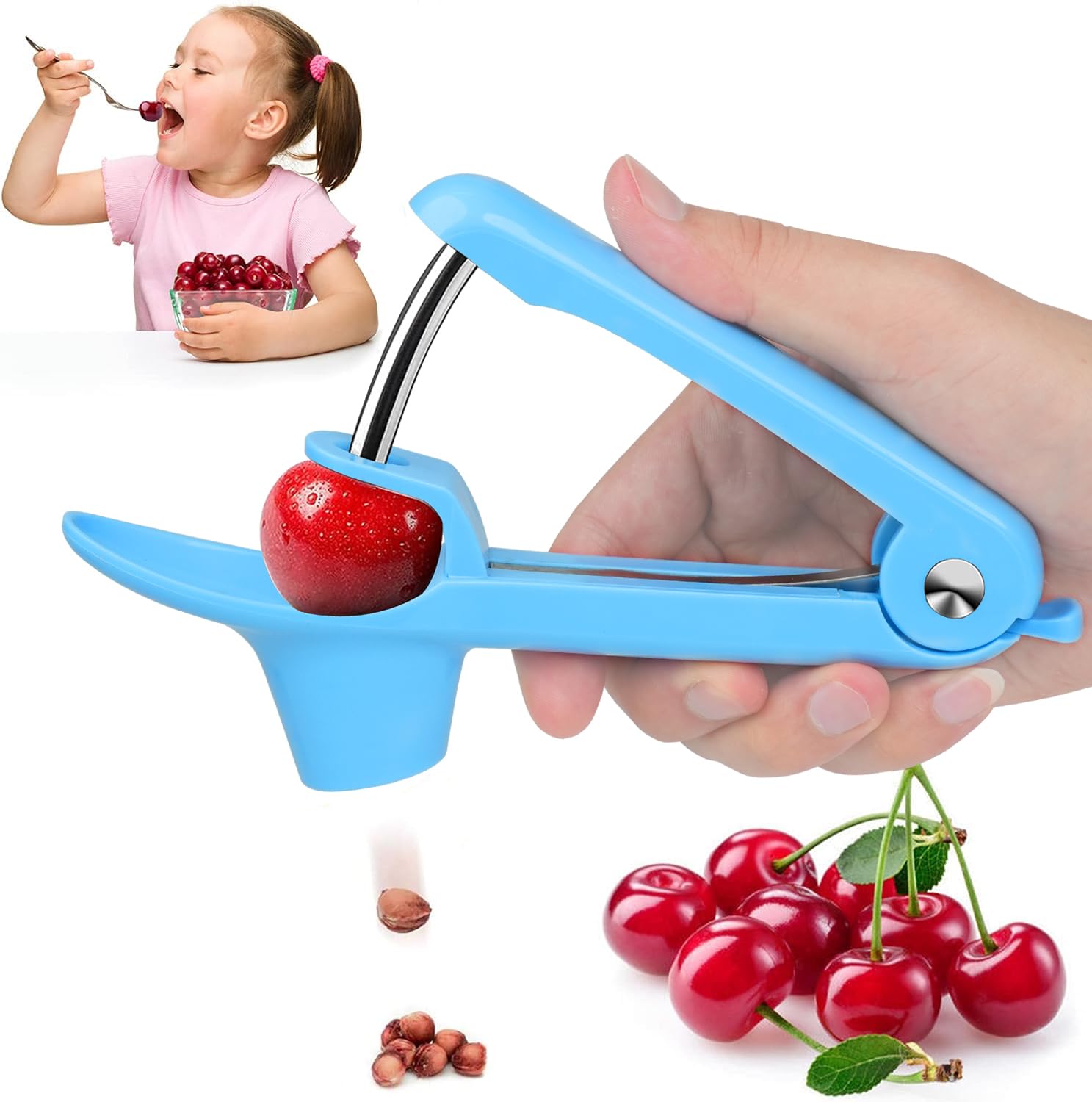 Stainless Steel Cherry Pitter Tool - Cherry & Olive Pitter with Stone Remover, Space-Saving Lock Design for Making Cherry Jam, Fruit Salad & Cocktails (Blue) - Perfect for Home Kitchen & Baking Accessories