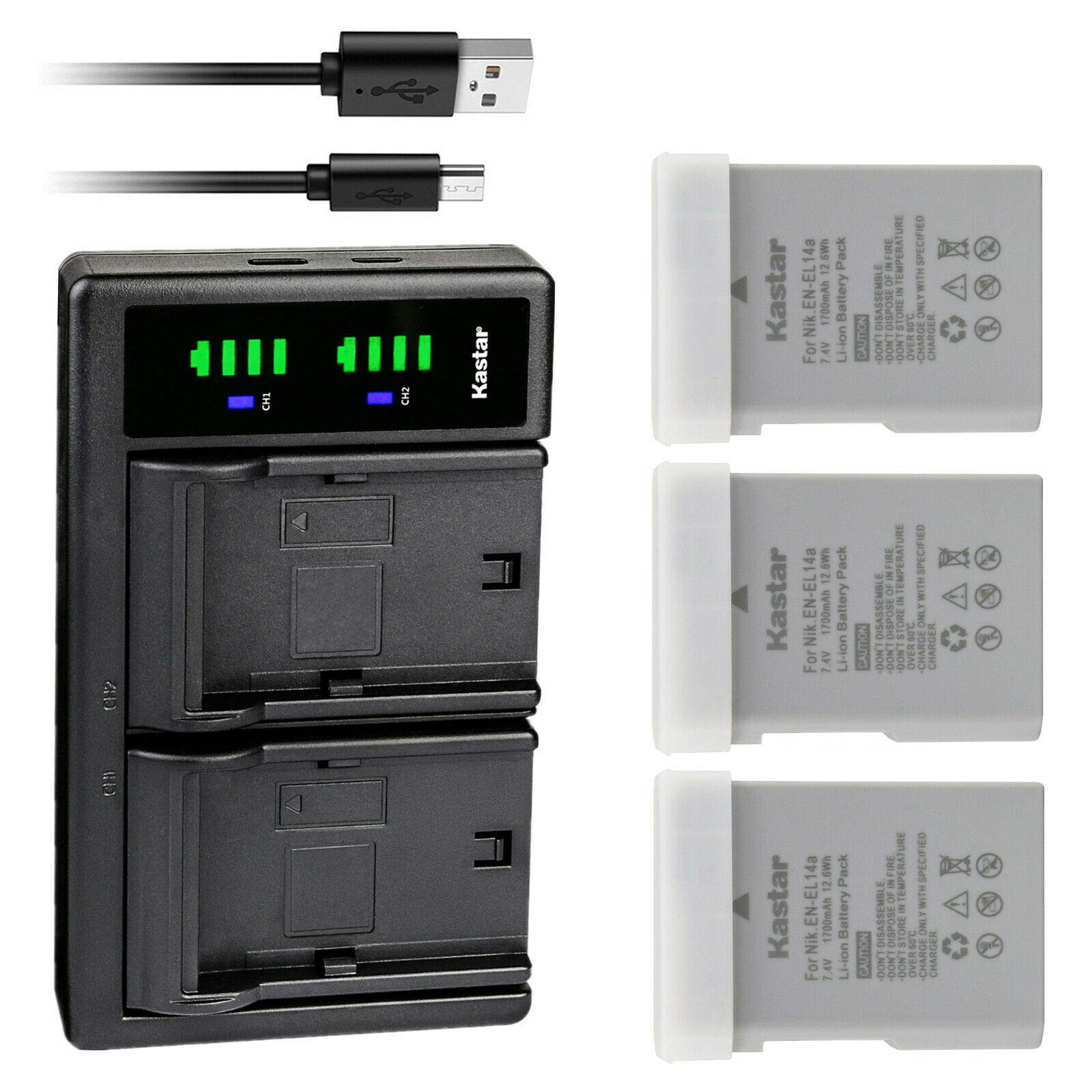 Kastar 3-Pack EN-EL14a Rechargeable Battery & LTD2 USB Charger Compatible with Nikon Coolpix P7700/P7800, D3100/D3200/D3300/D3400 DSLR Cameras - Perfect for Travel Photography & Professional Shooting