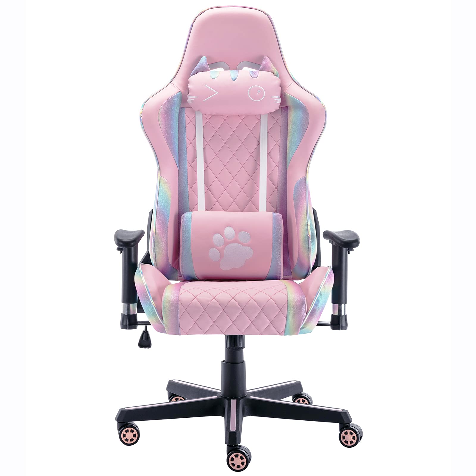 Ergonomic Pink Gaming Chair with Cute Cat Headrest & Lumbar Support - Comfortable Computer Desk Chair for Adults & Kids (Rainbow, Black Base) - Perfect for Home Office, Gaming Setup & Study Room