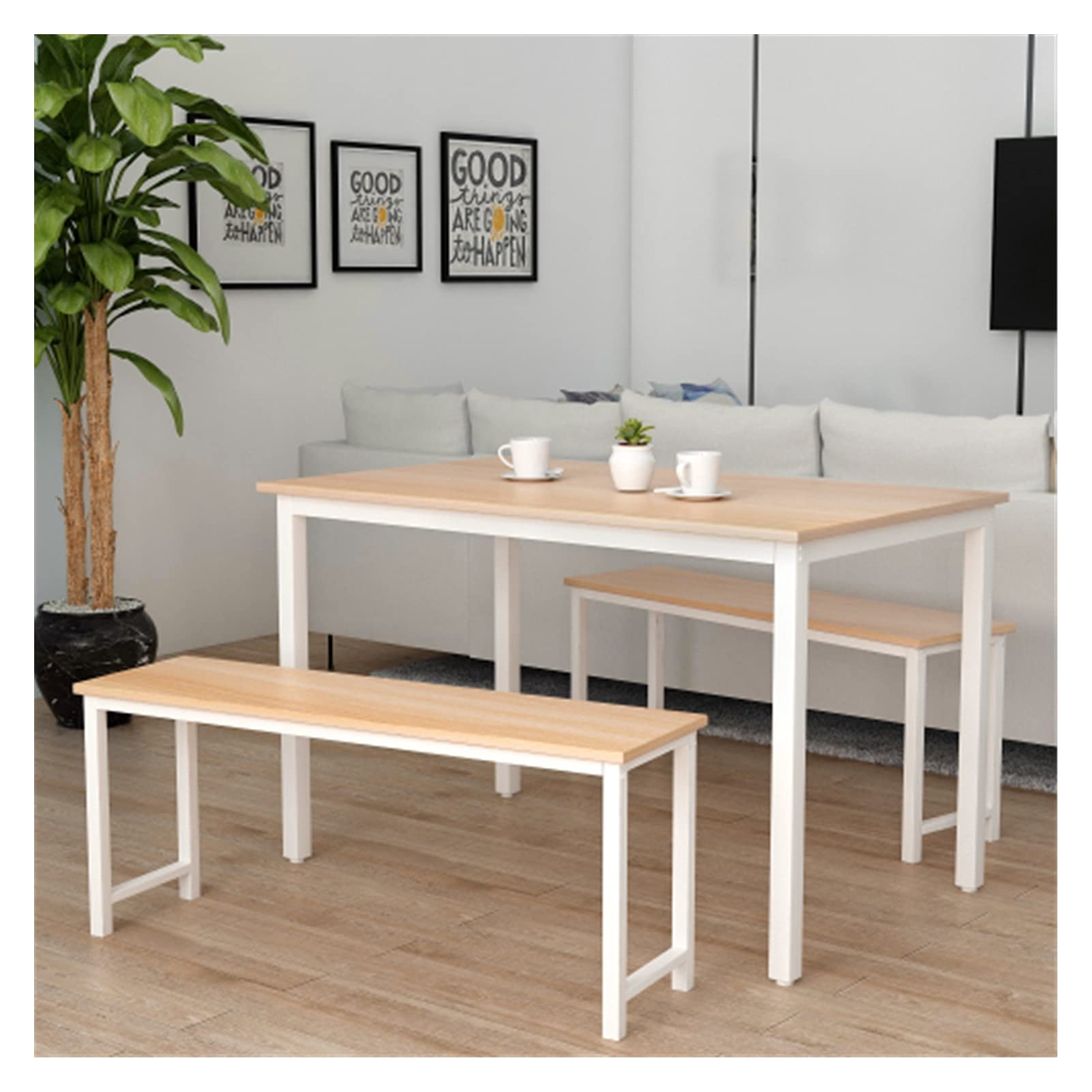 3-Piece Farmhouse Dining Table Set with 2 Benches - Metal Frame & MDF Board - Modern Kitchen Table for Home, Apartment, Cafeteria - Beige - Perfect for Family Meals, Entertaining Guests & Small Space Dining