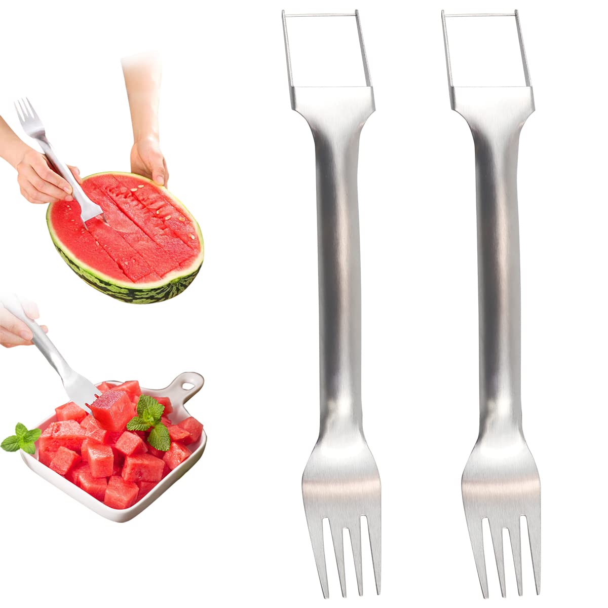 DOERDO 2-Pack Stainless Steel Watermelon Slicer & Fork Set - 2-in-1 Fruit Cutting Tool for Watermelons, Melons & Large Fruits - Perfect for Family BBQs, Picnics, Camping & Outdoor Parties