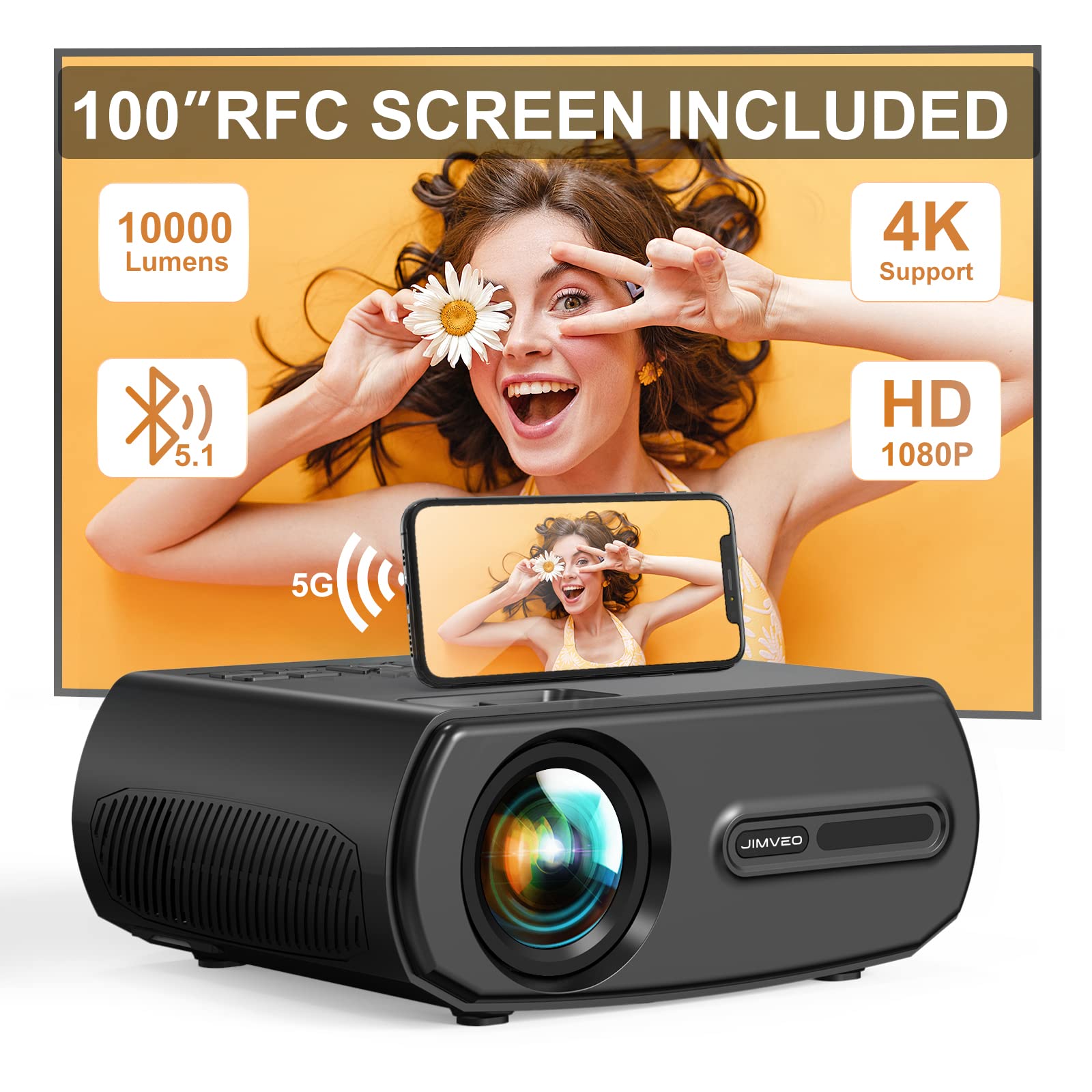 Jimveo 5G WiFi Bluetooth Projector - 10000L 380 ANSI Lumens, Native 1080P with 4K Support | 4D Keystone & 50% Zoom | Portable Outdoor Movie Projector for Home Theater, Camping, Backyard Parties | Compatible with Phone, TV Stick, PC (Includes Screen)