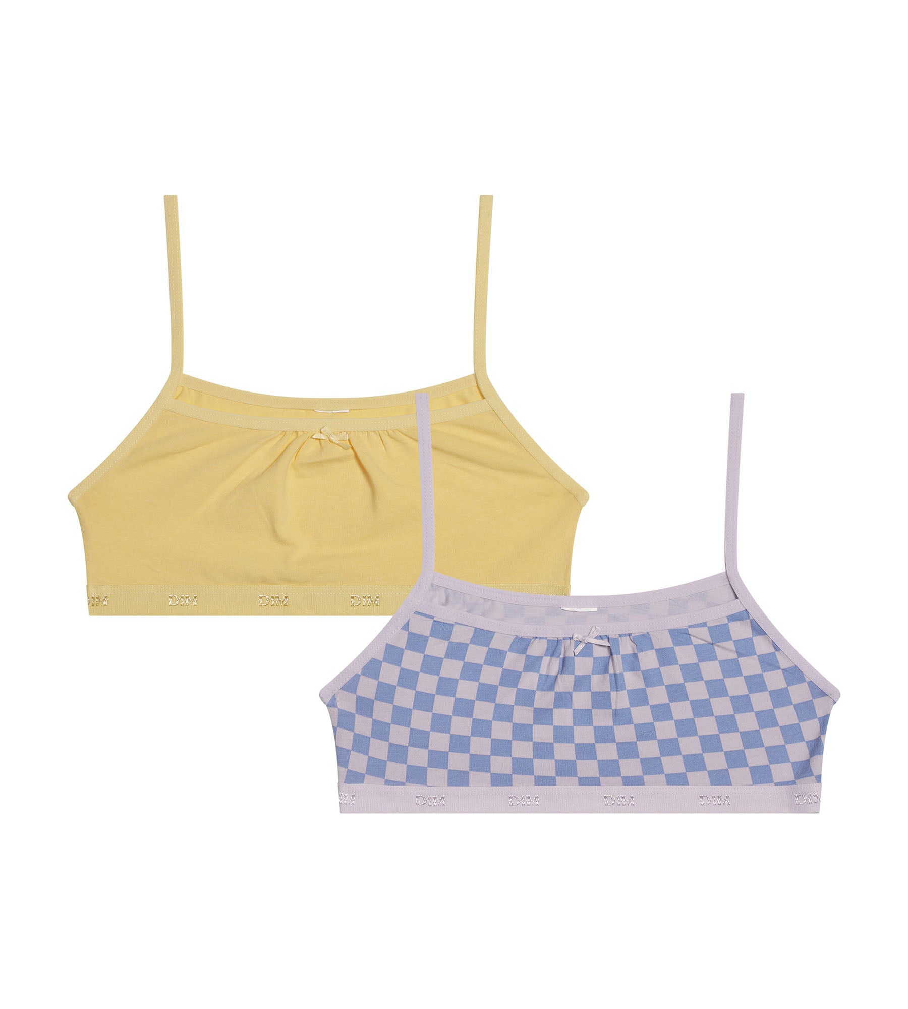 2 Pack Girls' Cotton Stretch Bralettes - Lilac Checkered Pattern by Les Pockets | Comfortable Underwear for School, Sports & Everyday Wear