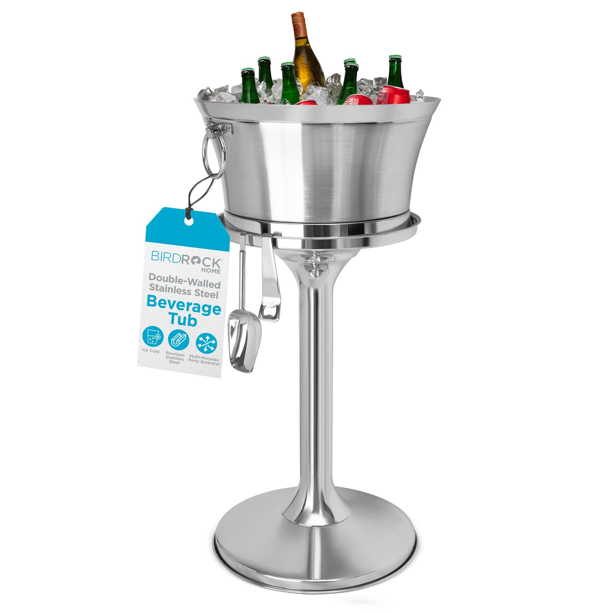 BIRDROCK HOME Stainless Steel Double Wall Ice Cooler Bucket with Stand - Large Metal Beverage Tub for Drinks, Beer, Wine & Champagne - Includes Scoop & Bottle Opener - Perfect for Parties, Weddings, BBQs & Outdoor Events - Silver Drink Chiller Container