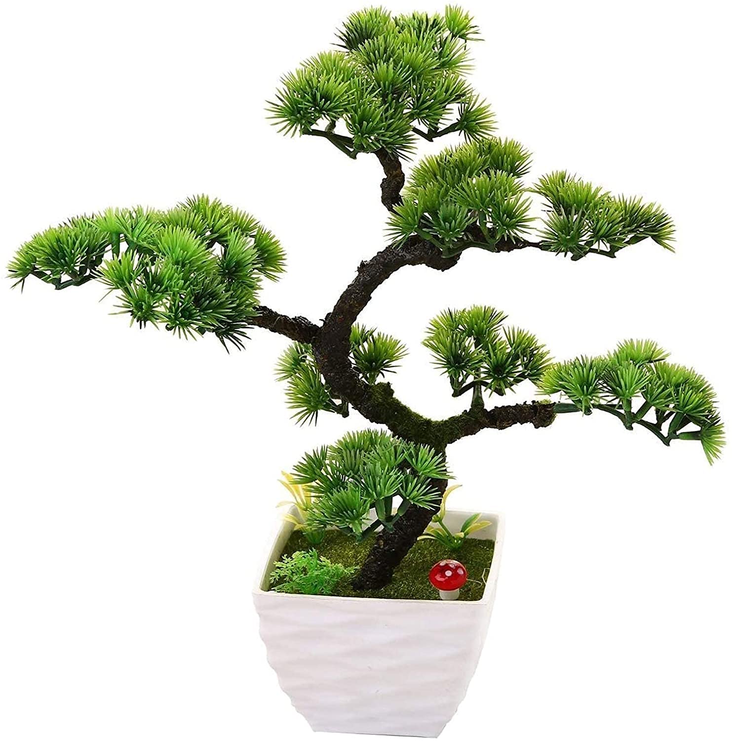 Artificial Bonsai Tree in White Plastic Pot - Fake Pine Plant for Home Office Decor, Indoor Garden Decoration | Perfect for Desk, Living Room & Reception Area