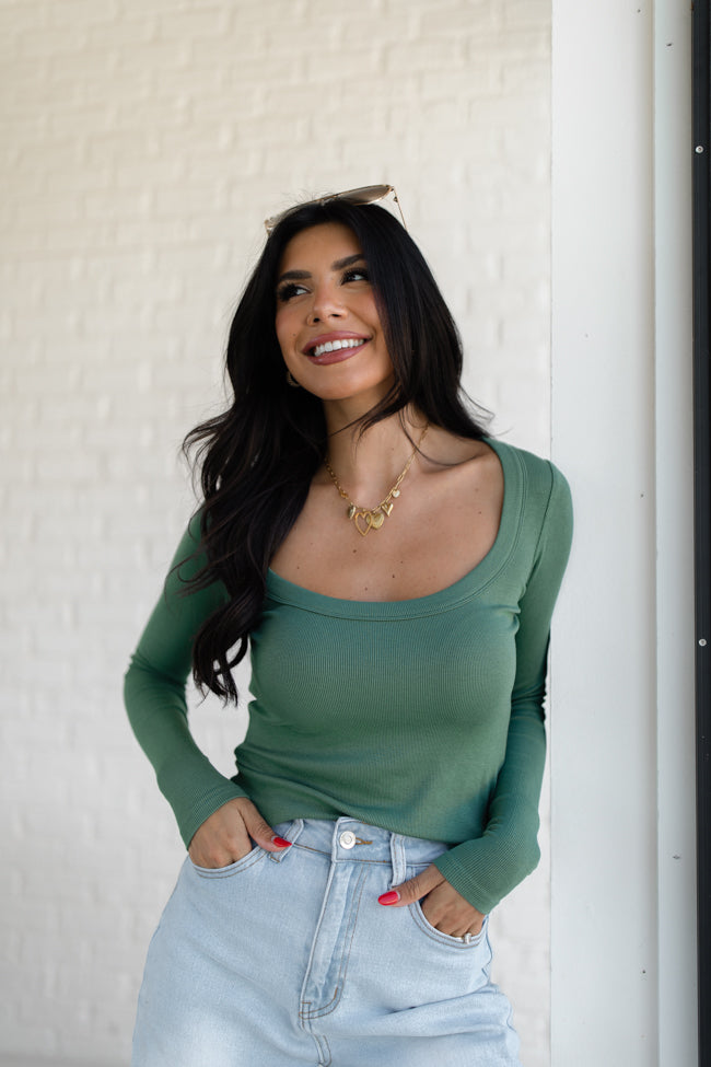 Stylish Olive Ribbed Scoop Neck Long Sleeve Tee for Women | Comfortable Casual Top | Perfect for Everyday Wear, Office & Date Nights | FINAL SALE