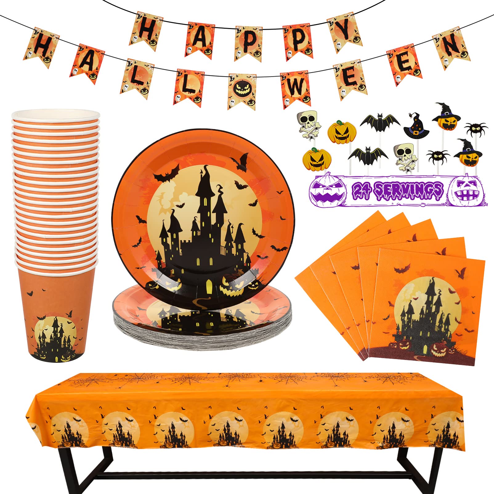 YARNOW Halloween Party Supplies for 24 People - Spooky Themed Dinnerware Set with Orange Plates, Cups & Utensils - Perfect for Halloween Parties, Trick-or-Treat Events & Themed Dinners