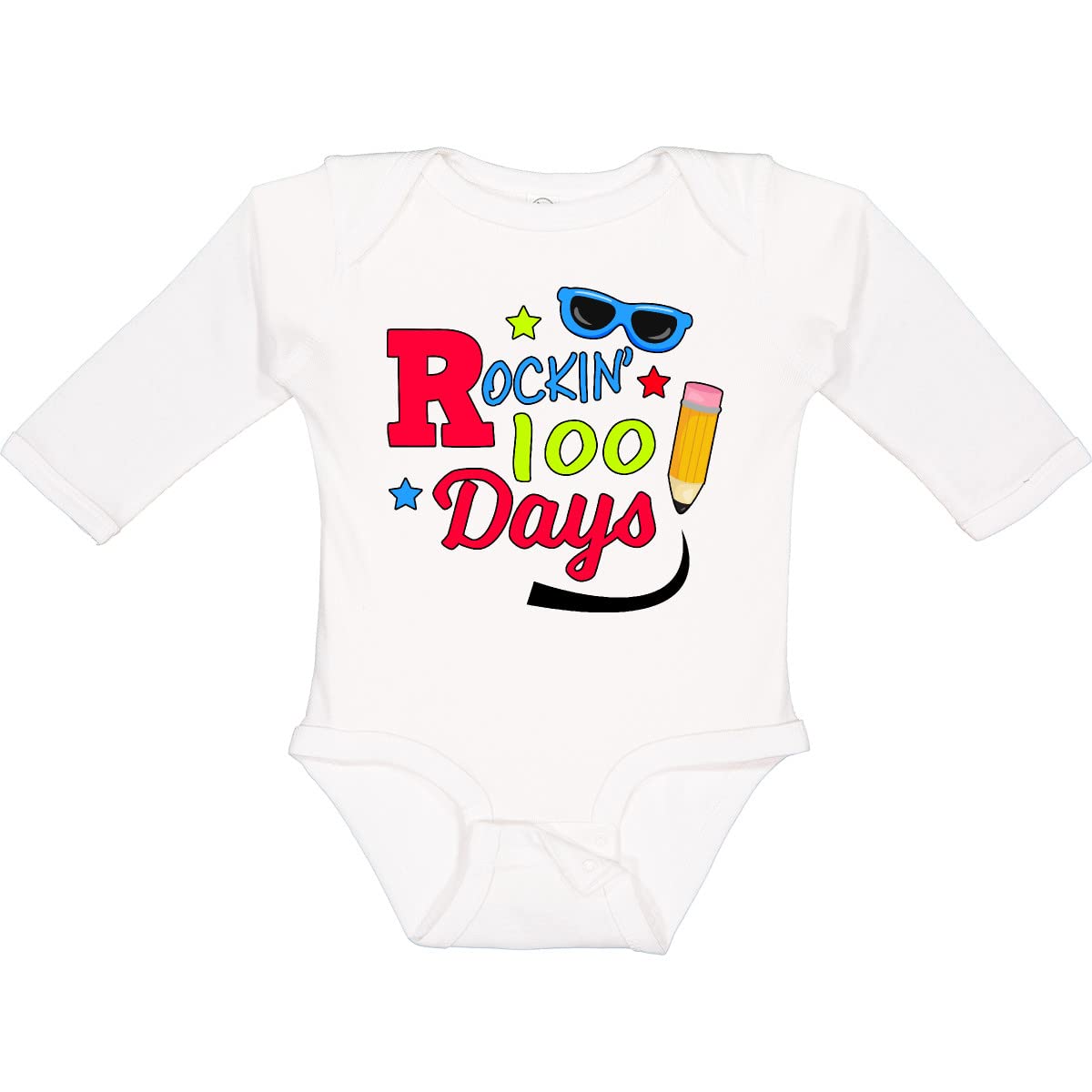 Inktastic Rockin 100 Days with Sunglasses and Pencil Long Sleeve Baby Bodysuit - Perfect for 100 Days Celebration, Photoshoots & Newborn Gifts