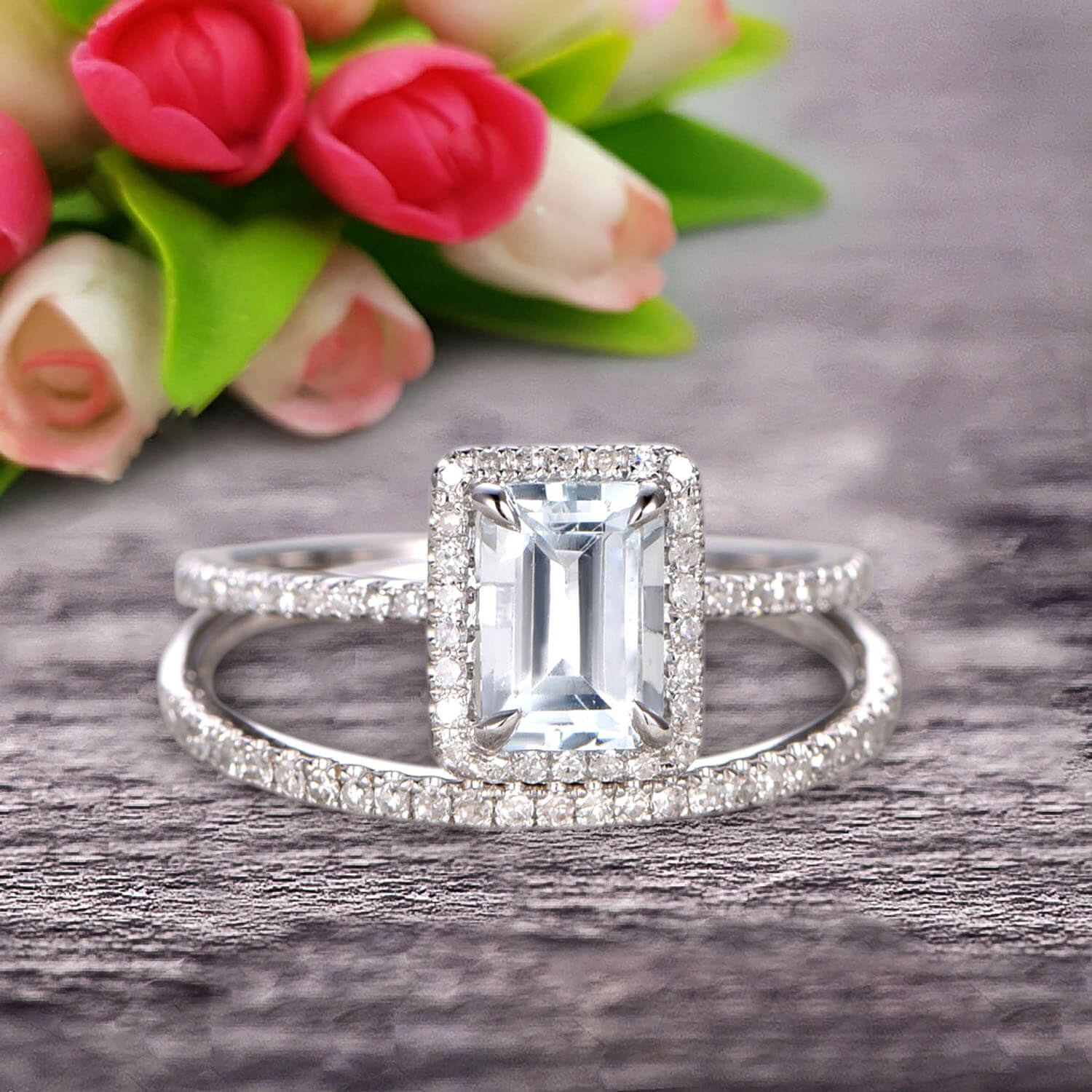 1.75 Carat Emerald Cut Aquamarine Engagement Ring & Wedding Band Set in 10K White Gold – Perfect for Bridal Jewelry, Anniversary Gifts & Special Occasions