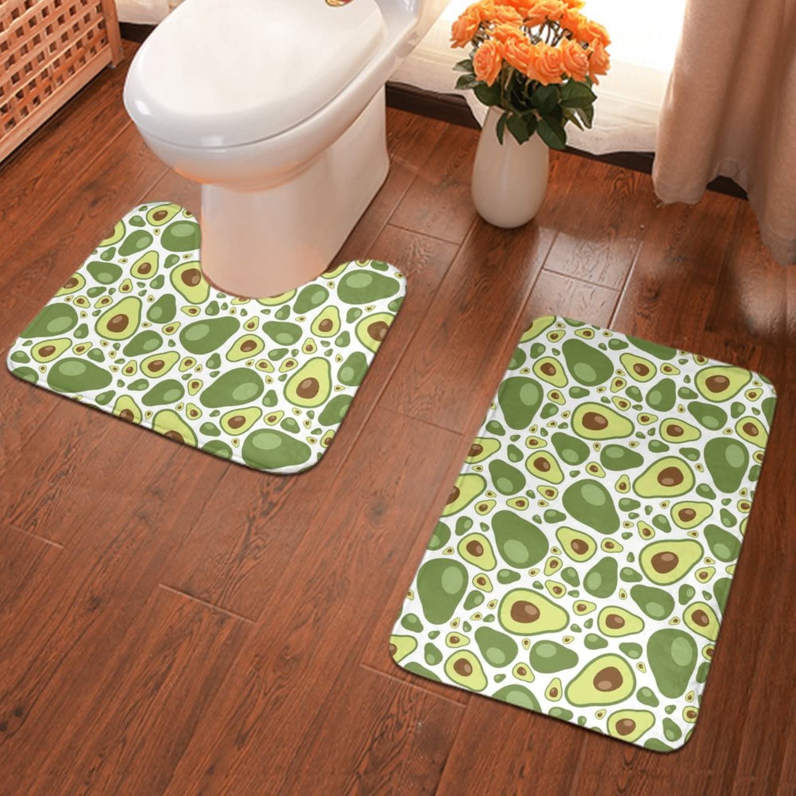 SWEET TANG Non-Slip Memory Foam Bath Mat Set - 2 Piece Avocado Design, Ultra Absorbent & Machine Washable Bathroom Rugs for Shower & Bathtub | Soft Contour Mats for Wet Floors, Spa-Like Luxury & Safety