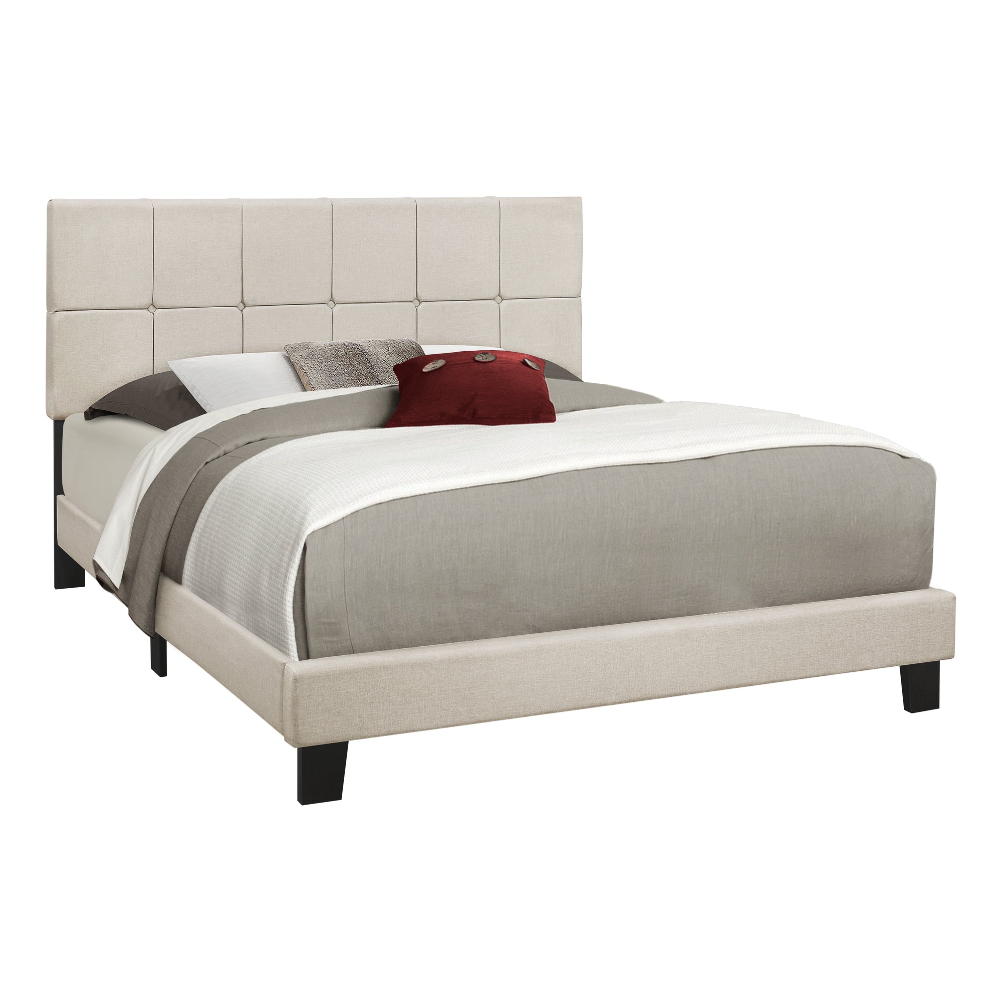Queen Size Beige Linen Bed Frame - Modern Platform Bed with Upholstered Headboard for Master Bedroom & Guest Room