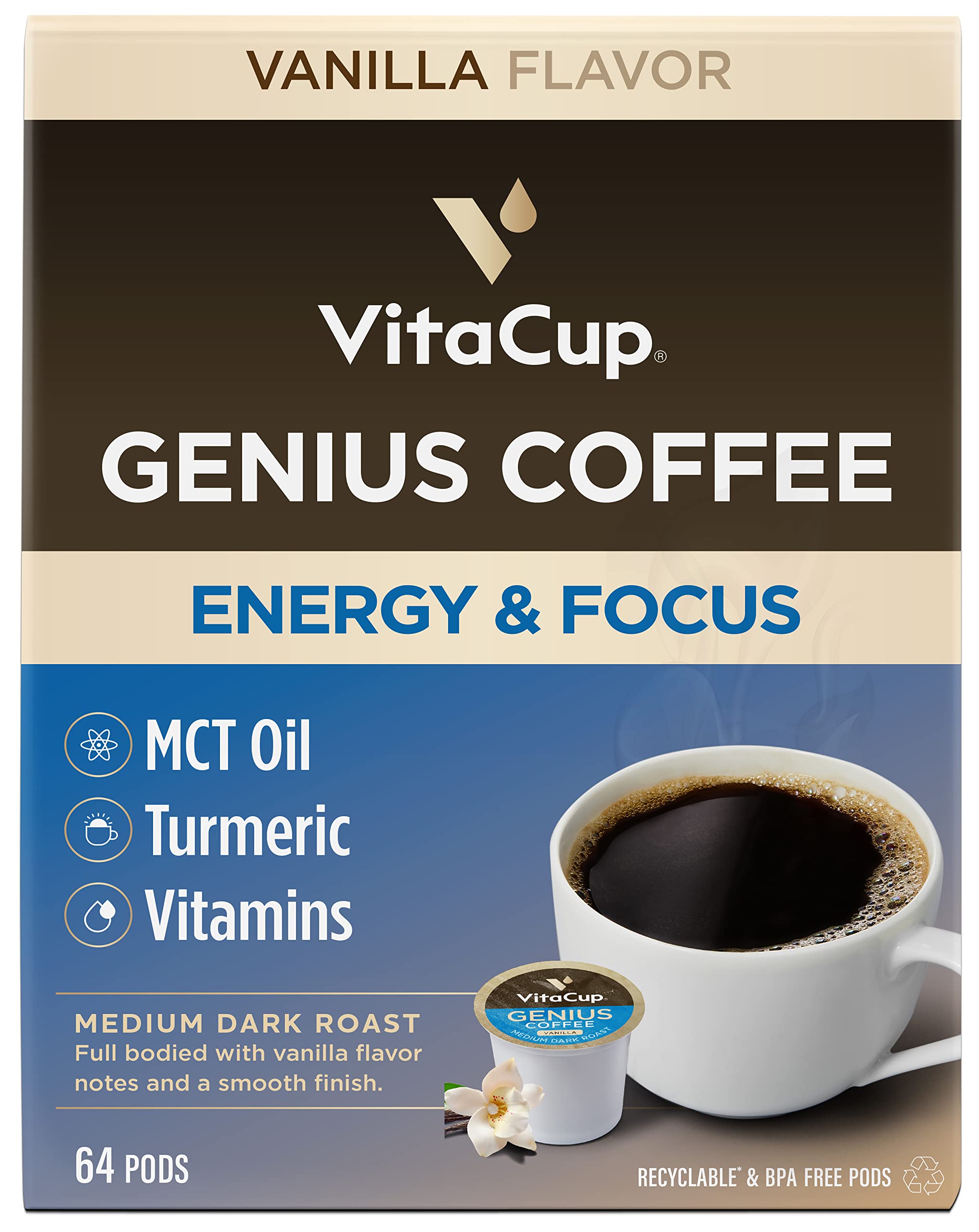 VitaCup Genius Vanilla Keto Coffee Pods with MCT Oil, Turmeric, B Vitamins & D3 - 64 Count Recyclable Single Serve Pods for Keurig 2.0 & K-Cup Brewers | Boost Energy & Focus | Perfect for Keto Diet, Morning Routine & Office Use