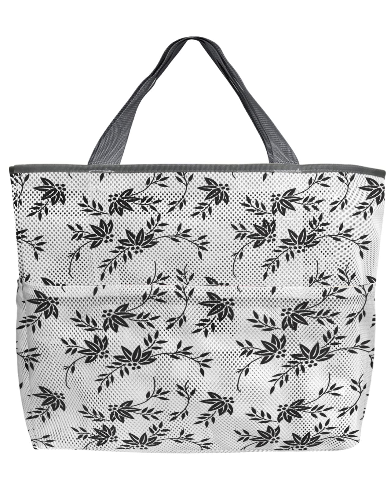 Large 60L Mesh Beach Tote Bag - Black Cirrus Vine Cane Print with Abstract Floral Design | Quick-Dry Foldable Lightweight Swim Bag with Pockets | Perfect for Beach, Pool, Grocery Shopping & Travel (24x16x9 Inches)