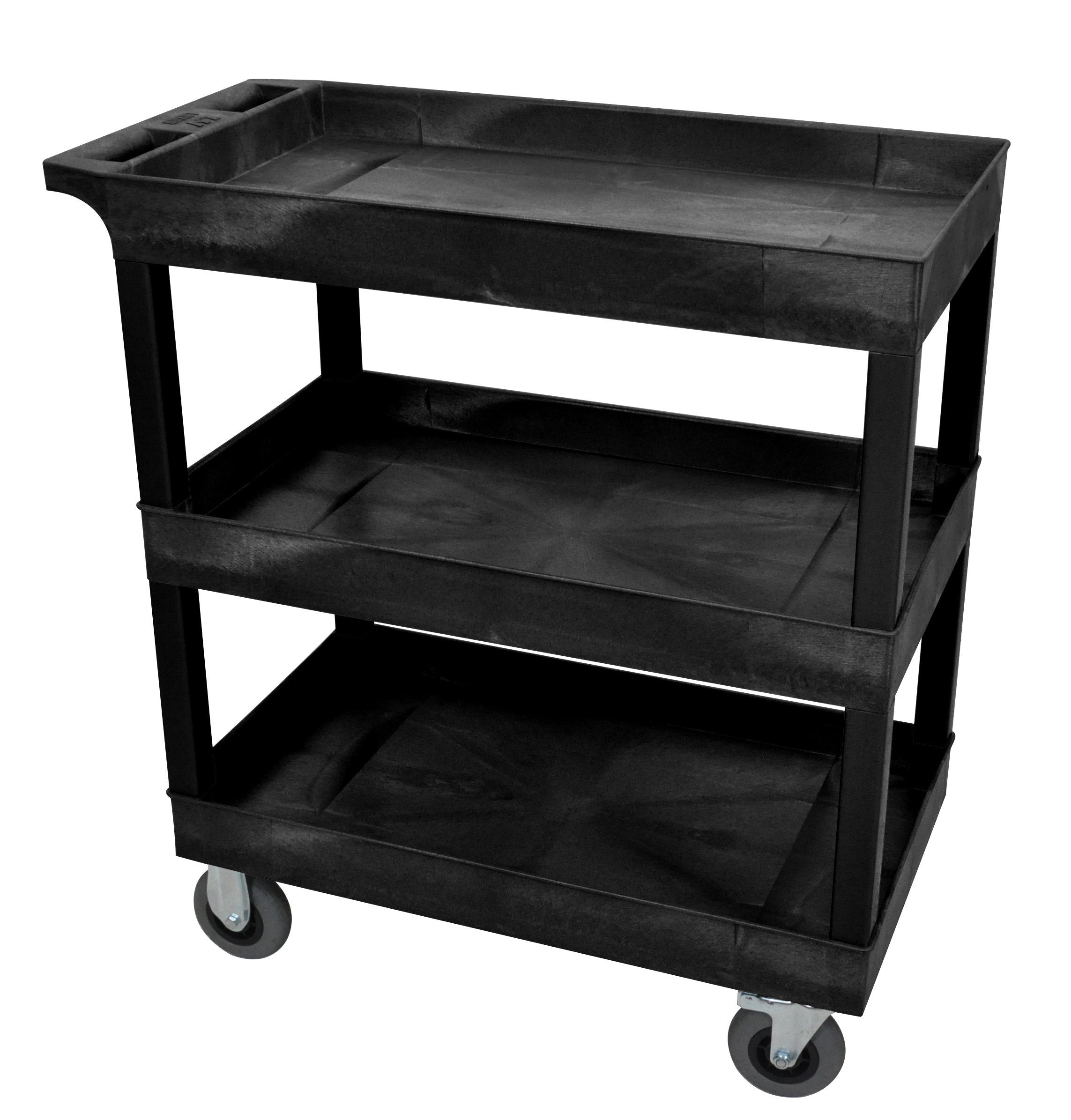 Luxor Black 18x32 3-Tub Utility Cart with SP5 Casters - Heavy Duty Rolling Storage for Kitchen, Salon, or Workshop Organization
