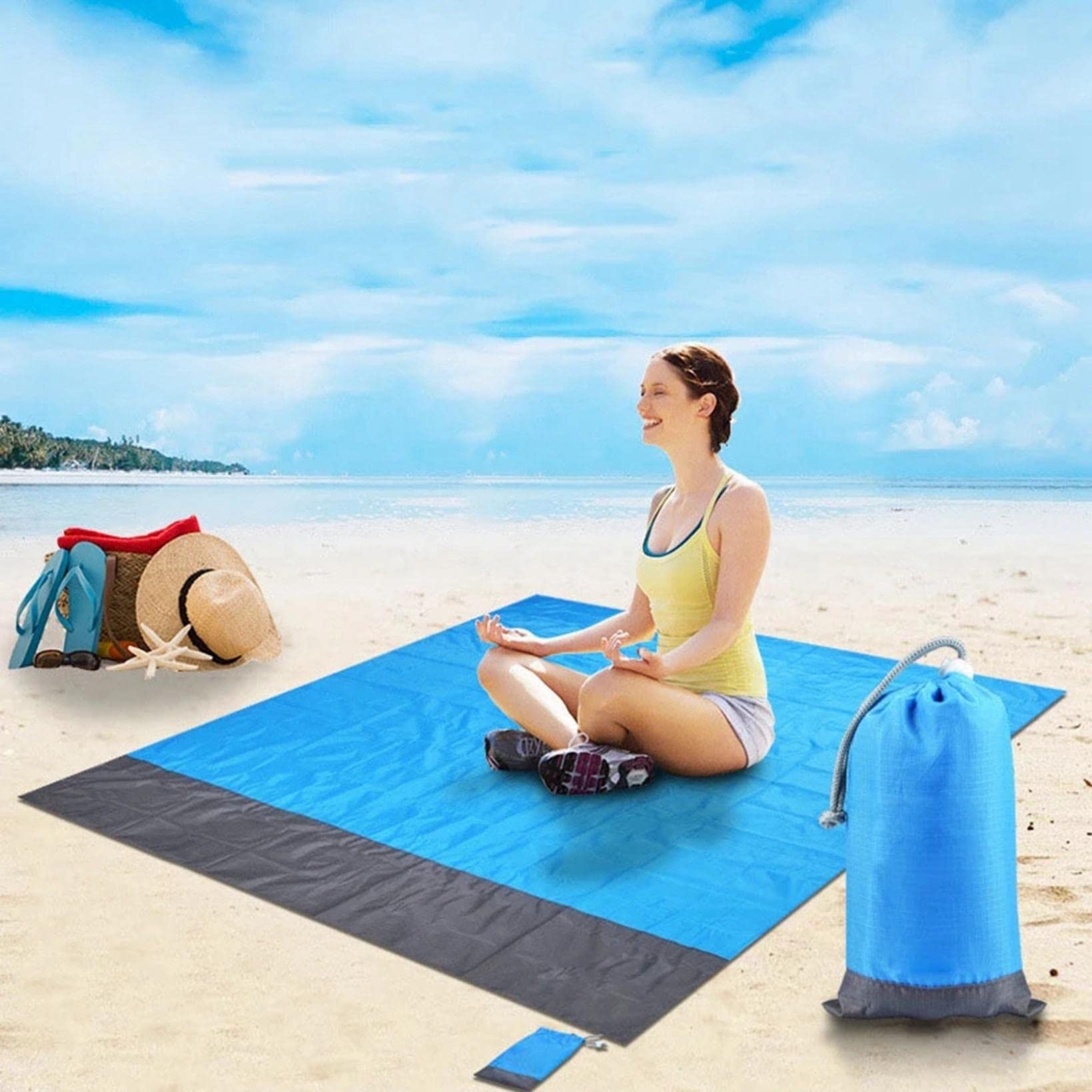 **Large Waterproof & Sandproof Picnic Blanket - Portable Oxford Cloth Beach Mat for Camping, BBQ, Outdoor Picnics - Sunscreen, Machine Washable, Lightweight & Durable (Blue)**    **Perfect for:** Beach trips, park picnics, backyard barbecues, camping adventures, and outdoor concerts.