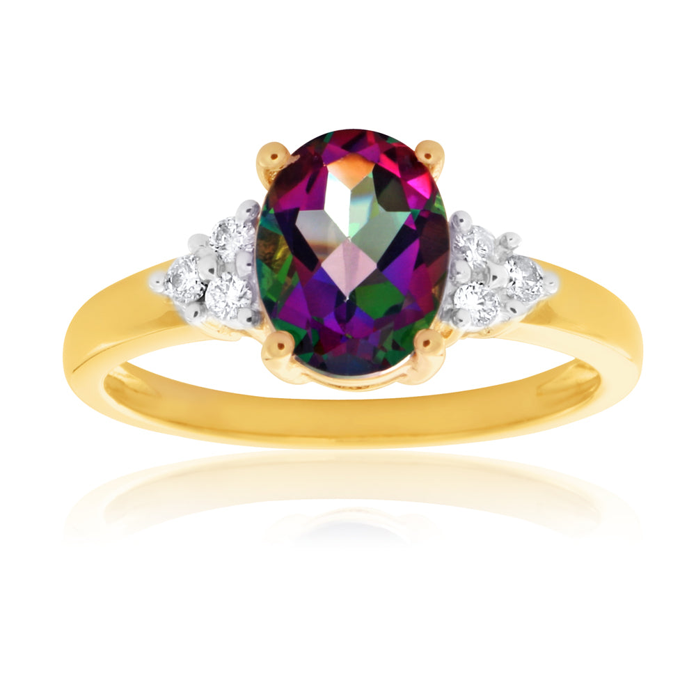 9ct Yellow Gold 8x6mm Oval Enhanced Mystic Topaz and Diamond Ring for Women - Elegant Jewelry Gift for Anniversary, Engagement & Special Occasions