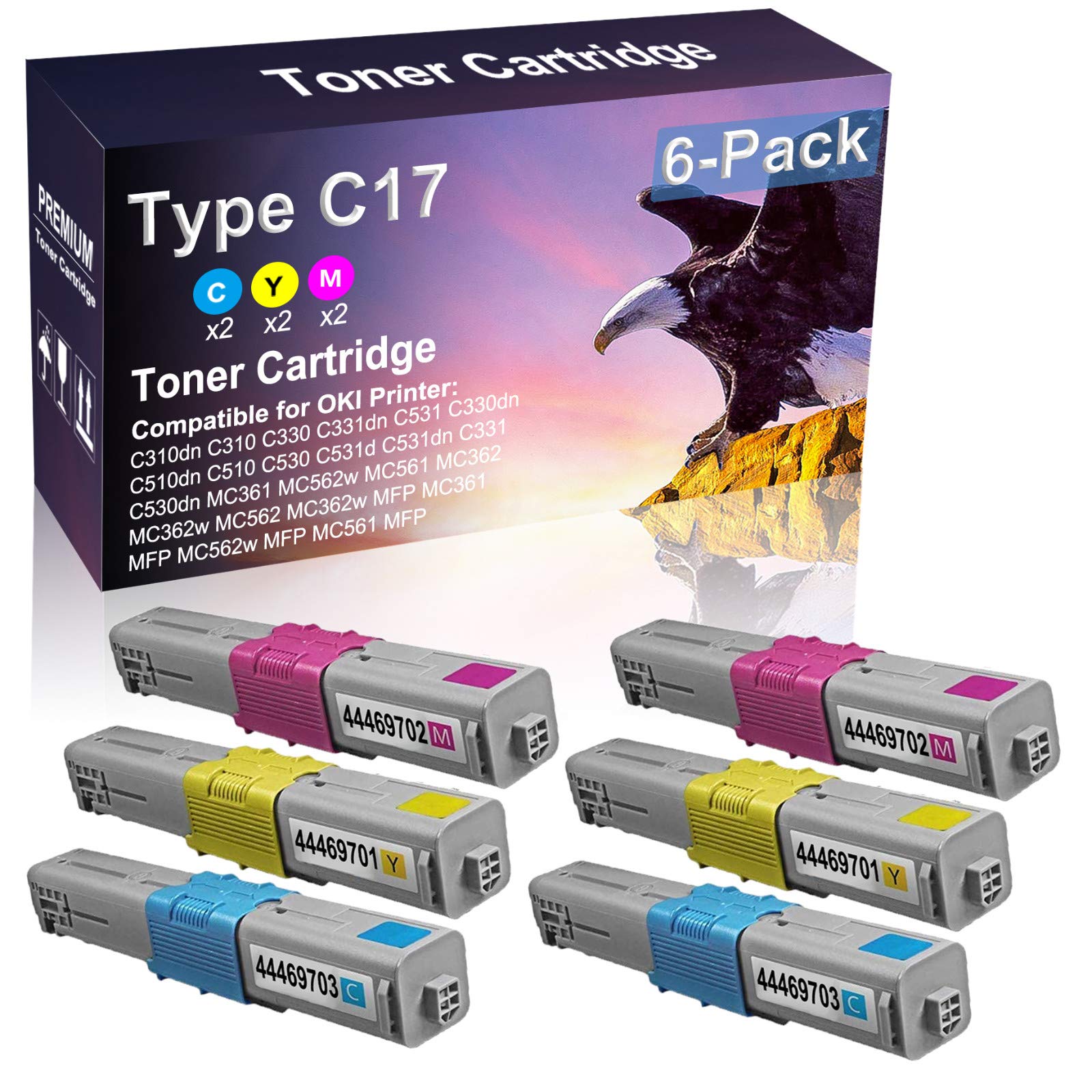 6-Pack High Capacity CYM Laser Toner Cartridge Replacement for OKI C510 C530 C531dn C331 C530dn Printers | Compatible with OKI Type C17 (44469703, 44469701, 44469702) | Ideal for Office Printing, High-Volume Documents & Professional Graphics