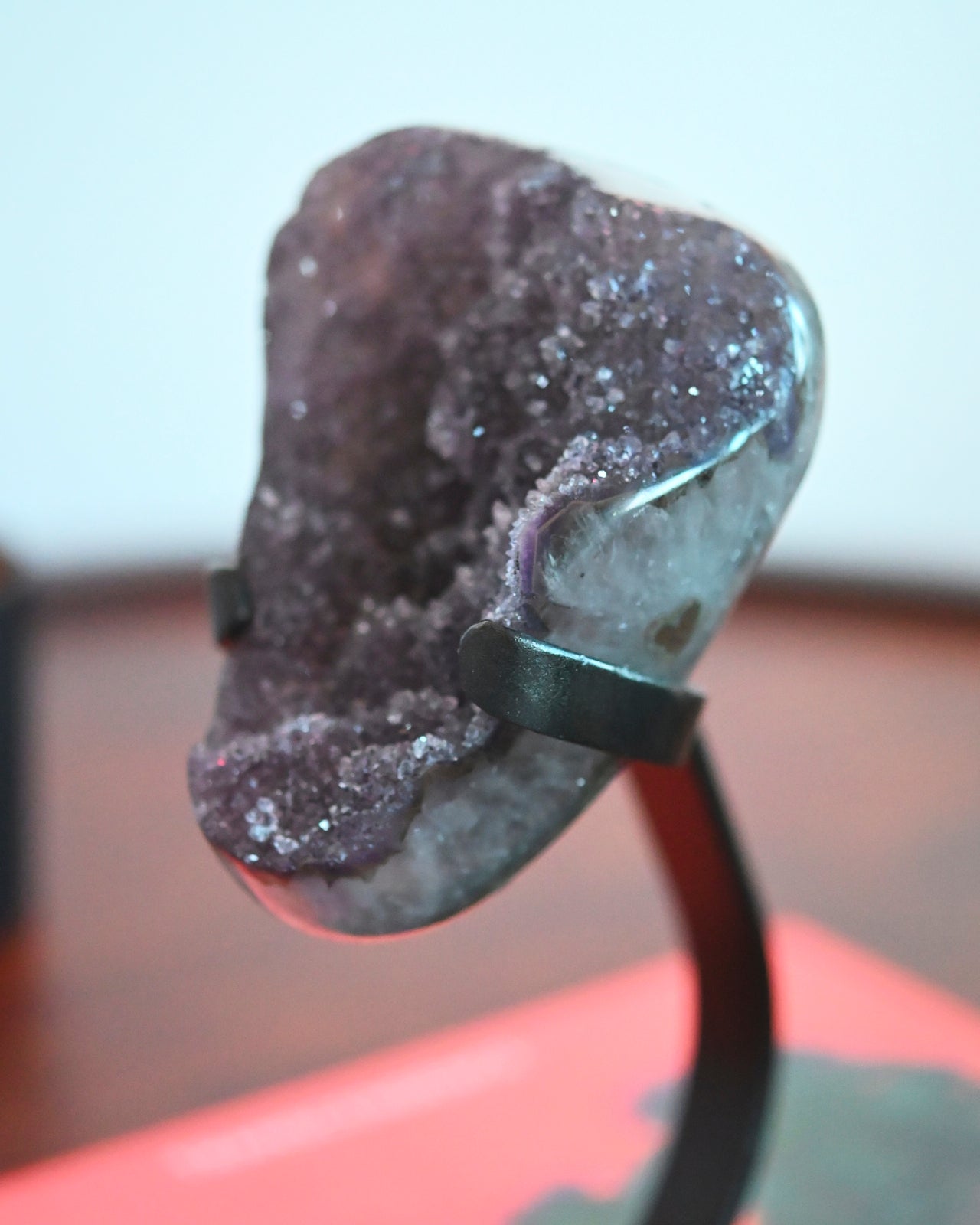 Natural Amethyst Crystal Geode on Wooden Stand - 3.1lbs Raw Purple Quartz Cluster for Home Decor, Meditation & Healing | Perfect for Living Room, Office & Spiritual Space