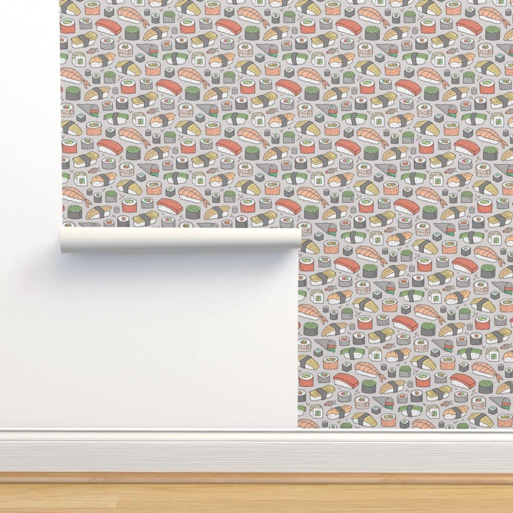 Peel & Stick Removable Wallpaper 9ft x 2ft - Sushi Light Gray Food Fish Seaweed Doodle Japanese Design | Self-Adhesive Wallpaper for Kitchen, Bathroom, Nursery & Home Decor