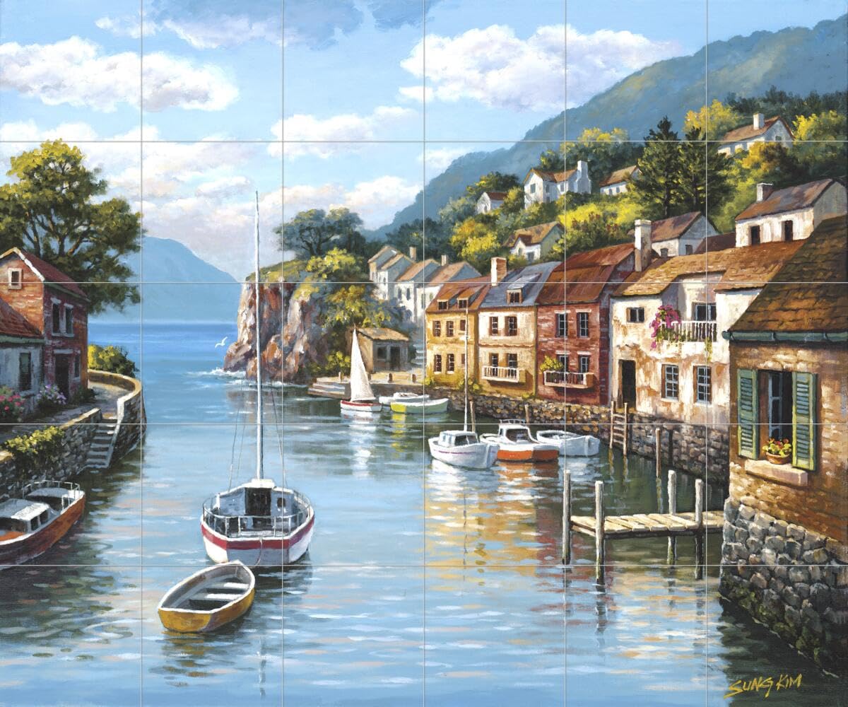 Ceramic Backsplash Tile Mural - Water View Landscape Village on The Water by Sung Kim - Waterproof Kitchen Bathroom Shower Wall Decor - Perfect for Coastal, Farmhouse & Modern Home Interiors