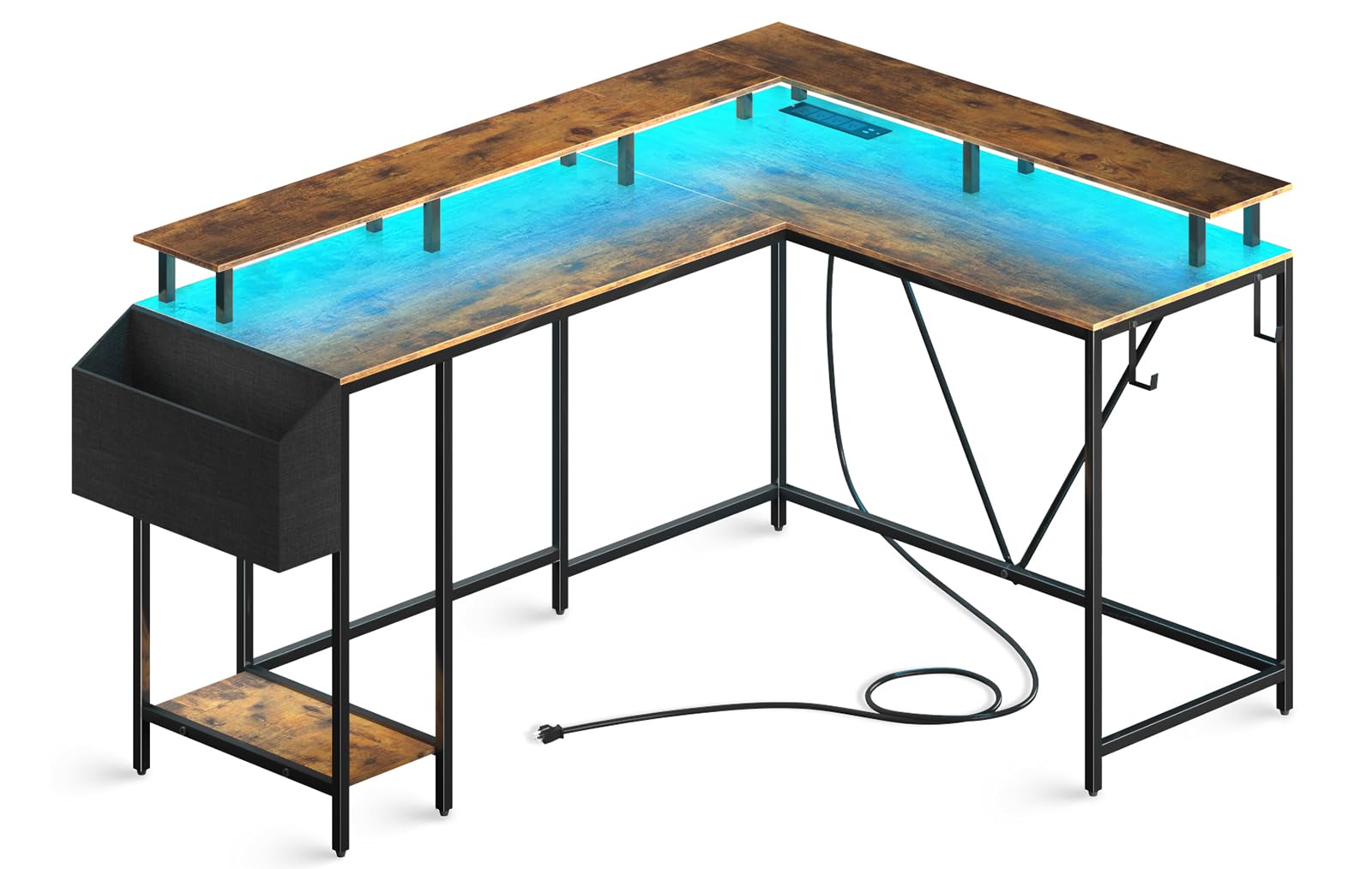 L-Shaped Gaming Desk with Power Outlets & LED Lights - Computer Corner Desk with Monitor Stand, Storage Shelf & Hooks - Easy Assembly Home Office Workstation in Rustic Brown - Perfect for PC Gaming, Streaming & Remote Work Setup
