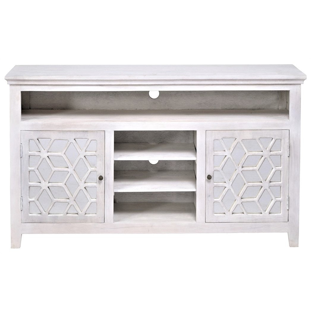French Arched Hand Carved Indian Solid Wood TV Stand Cabinet in White - Elegant Living Room Entertainment Center for Flat Screen TVs