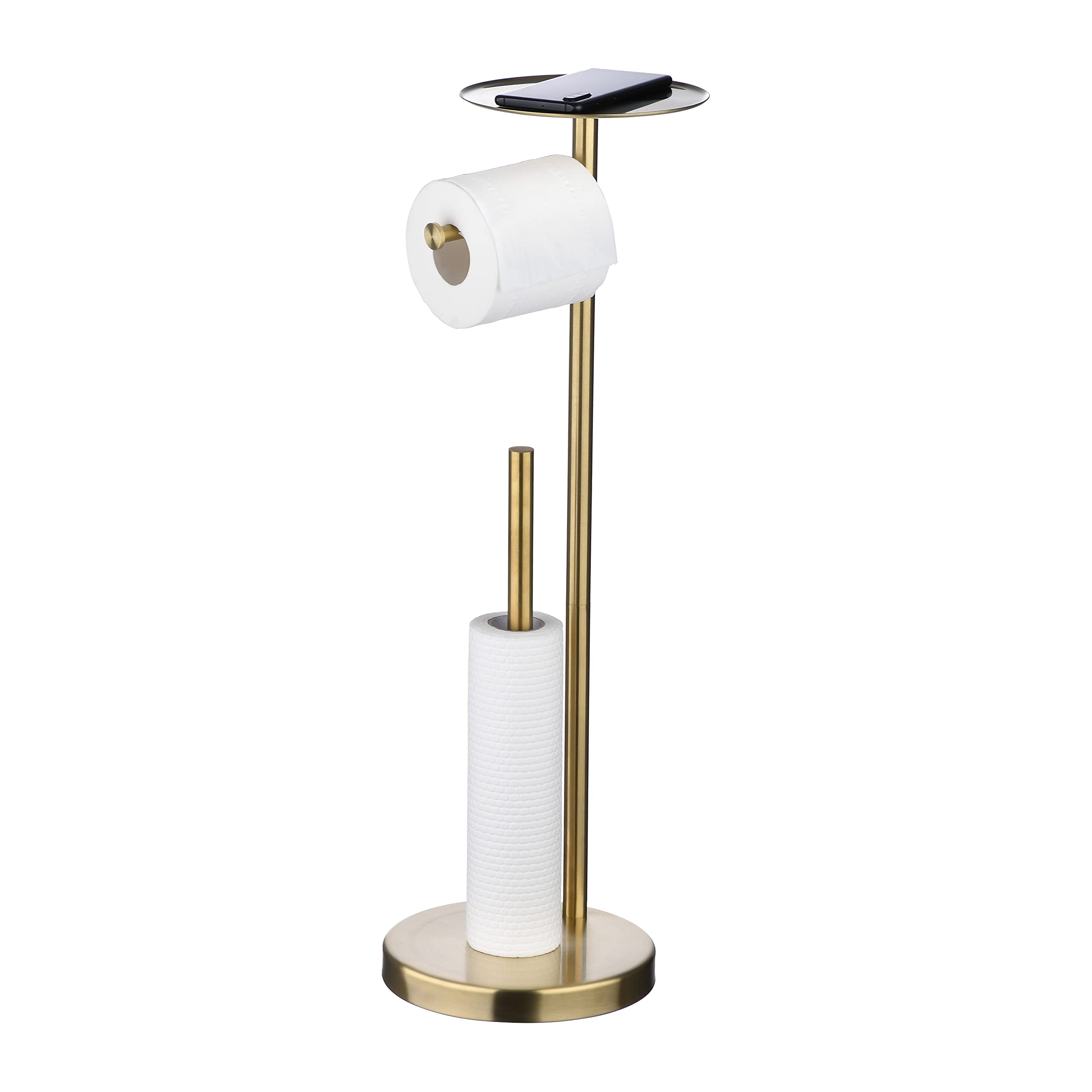 Free Standing Toilet Paper Holder with Phone Shelf & Storage - Brushed Gold Bathroom Organizer for Toilet, Vanity, and Guest Room