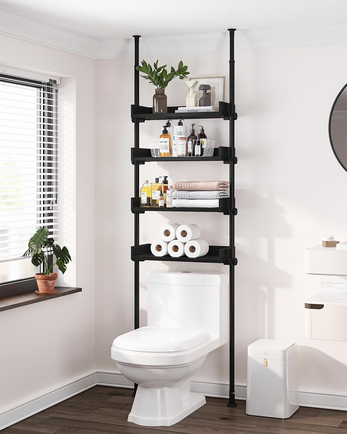 ALLZONE Adjustable Over The Toilet Storage Cabinet with 4 Shelves - Space Saving Bathroom Organizer for Toiletries & Towels (Fits 92-116 Inch Height, Black) - Perfect for Small Bathrooms & Apartment Storage Solutions