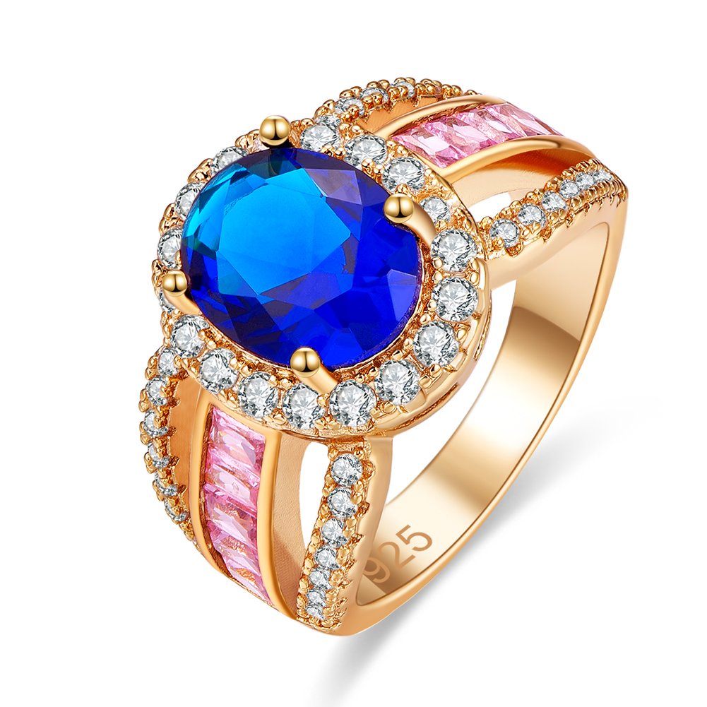 Psiroy Yellow Gold Plated Created Sapphire Quartz Halo Statement Ring for Women | Elegant Jewelry Gift for Anniversary, Birthday & Special Occasions