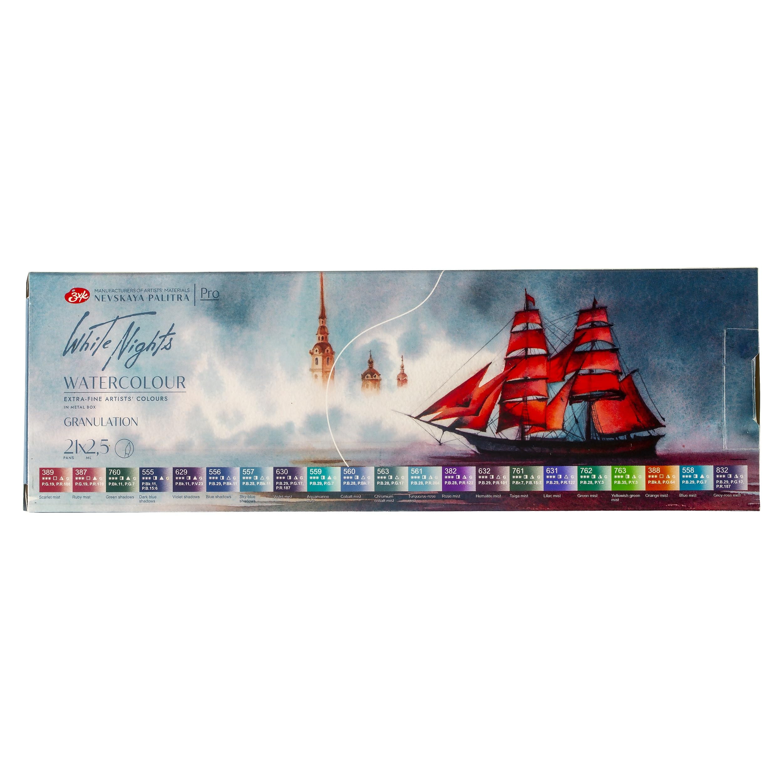 White Nights Professional Watercolor Set - 21 Full Pans (2.5ml) Artist-Grade Paint with Granulating Pigments | Vibrant, Lightfast Colors | Durable Metal Case & Mixing Trays by Nevskaya Palitra | Perfect for Studio Painting, Plein Air & Watercolor Techniques