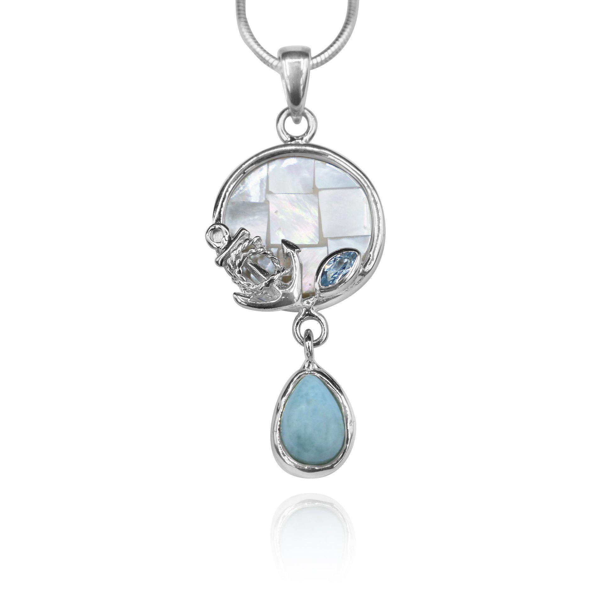 Blue Topaz & Larimar Stone Anchor Pendant Necklace with Mother of Pearl Mosaic - Perfect for Beach Vacations, Summer Outfits and Nautical-Themed Gifts