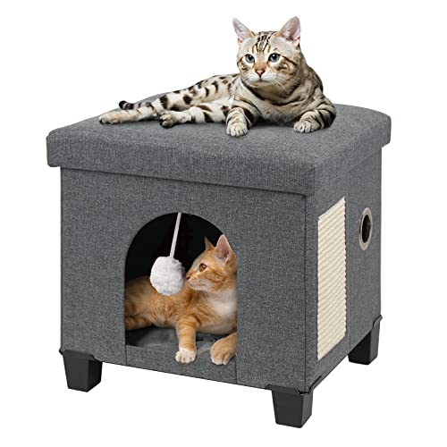 Foldable Cat Bed for Indoor Cats - Large Cat Cube with Scratch Board & Toy Ball (14.7”x12.7”x14.1”) Grey - Cozy Pet House for Sleeping, Playing & Scratching - Perfect for Home, Office or Travel Use