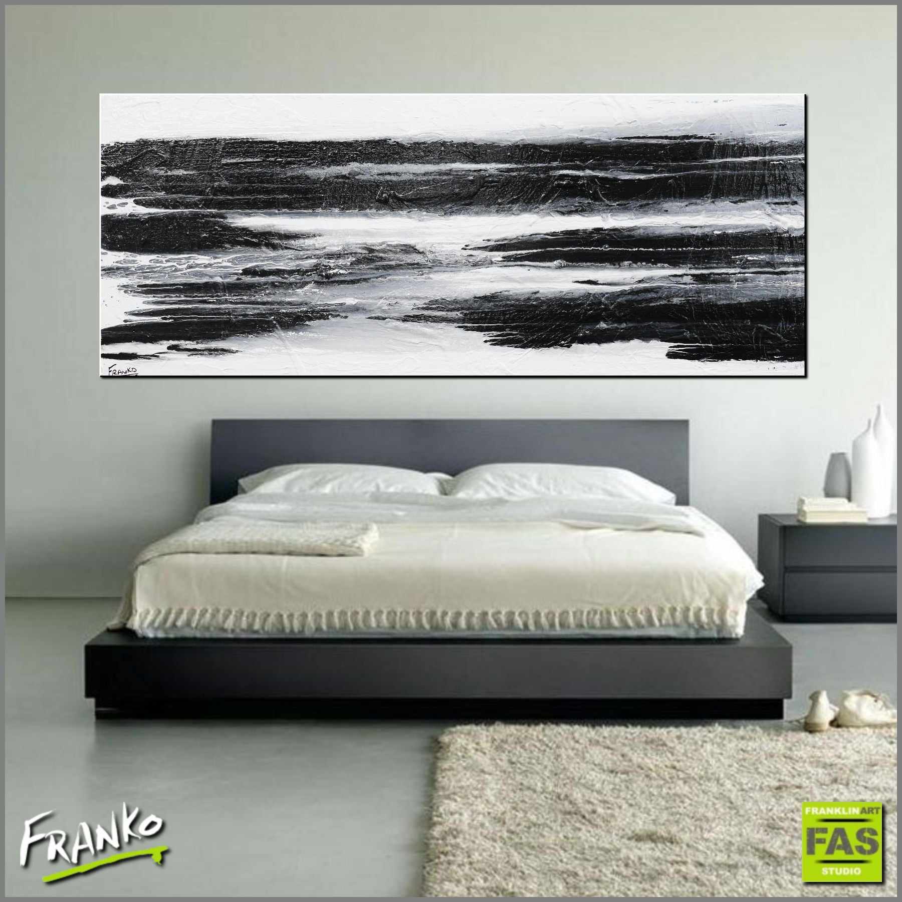 Minimal Horizon 200cm x 80cm Large White Black Abstract Canvas Art Painting - Modern Wall Decor for Living Room, Bedroom, Office
