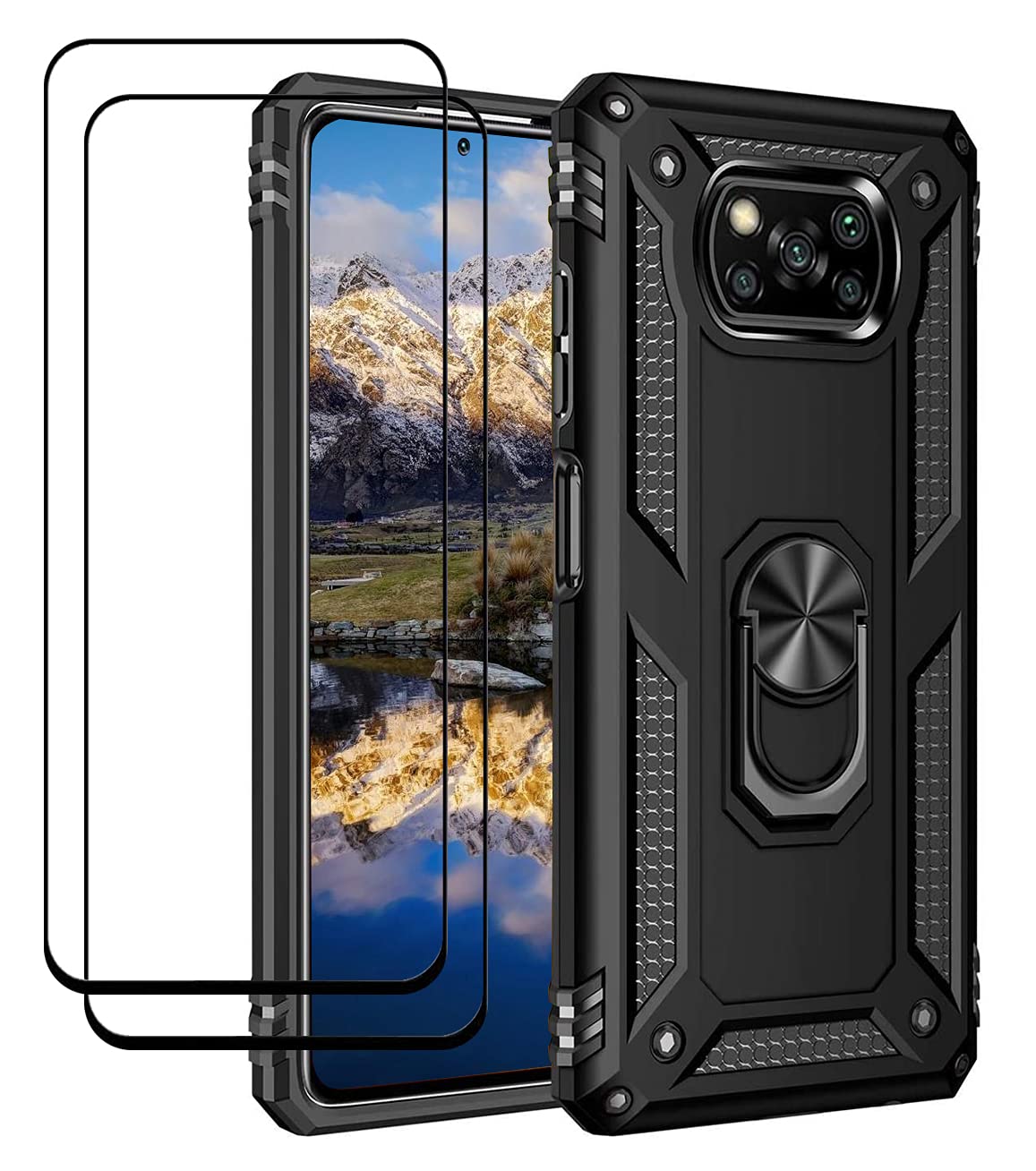 **YaHan 2-Pack Heavy Duty Shockproof Case for Xiaomi Poco X3 NFC/X3 – 360° Rotating Ring Kickstand & Tempered Glass Screen Protector – Perfect for Work, Travel & Outdoor Activities**
