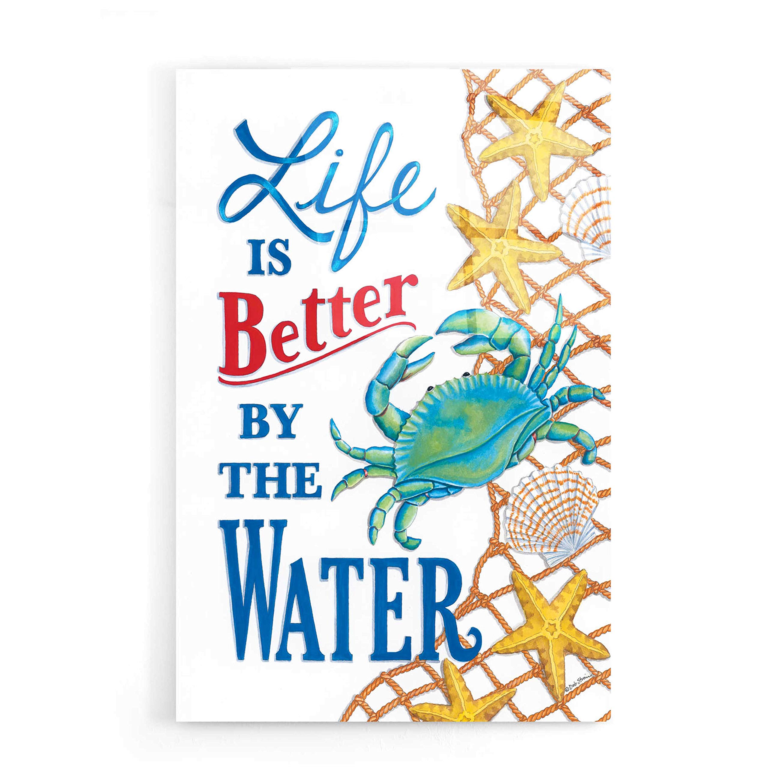 Deb Strain 'Better by The Water Crab' Acrylic Glass Wall Art - 16x24 Inch Coastal Home Decor for Living Room, Bedroom & Office