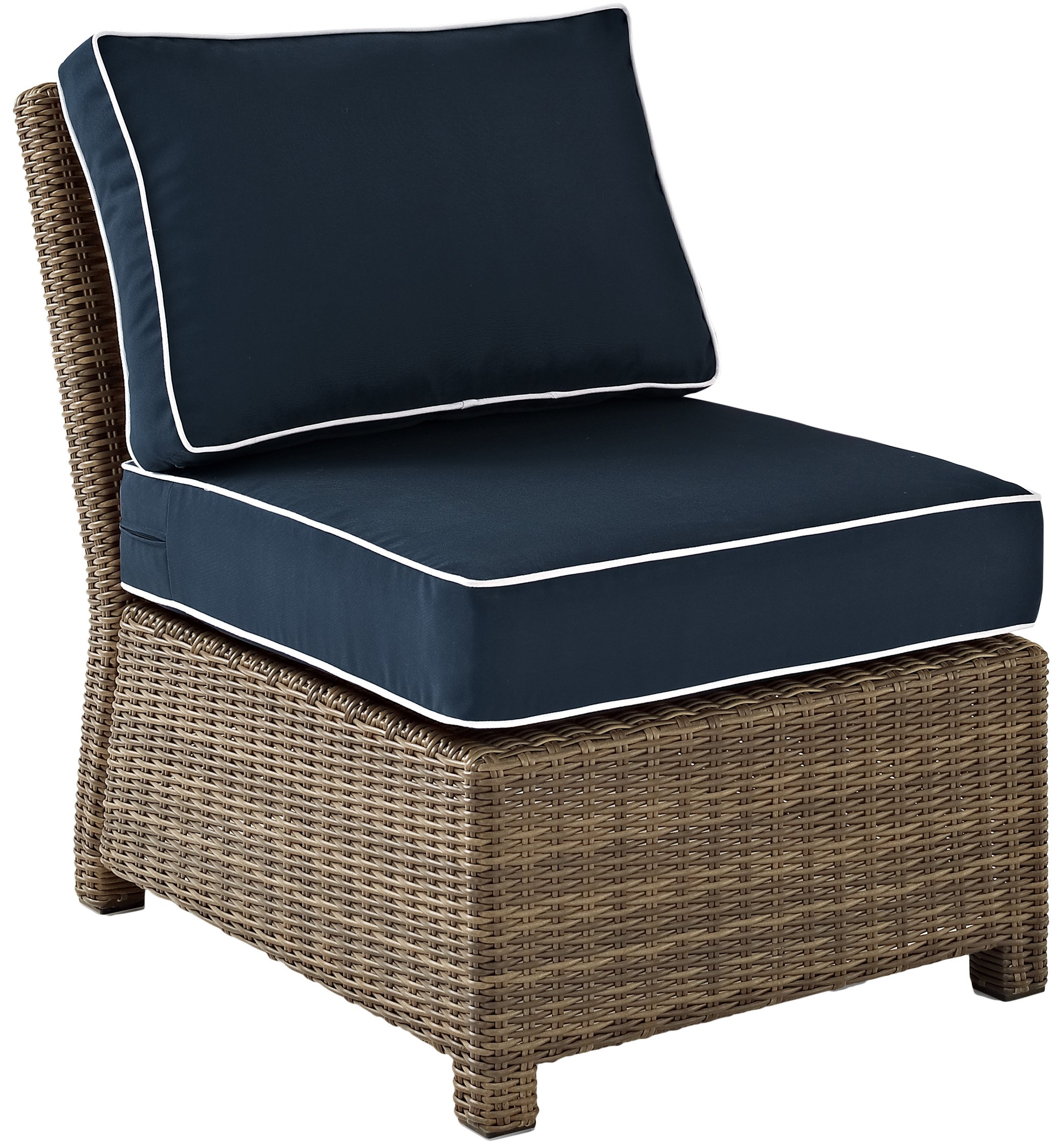 Crosley Bradenton Armless Outdoor Sectional Chair - All-Weather Wicker Patio Furniture with Navy Cushions for Porch, Deck, Backyard & Poolside Relaxation
